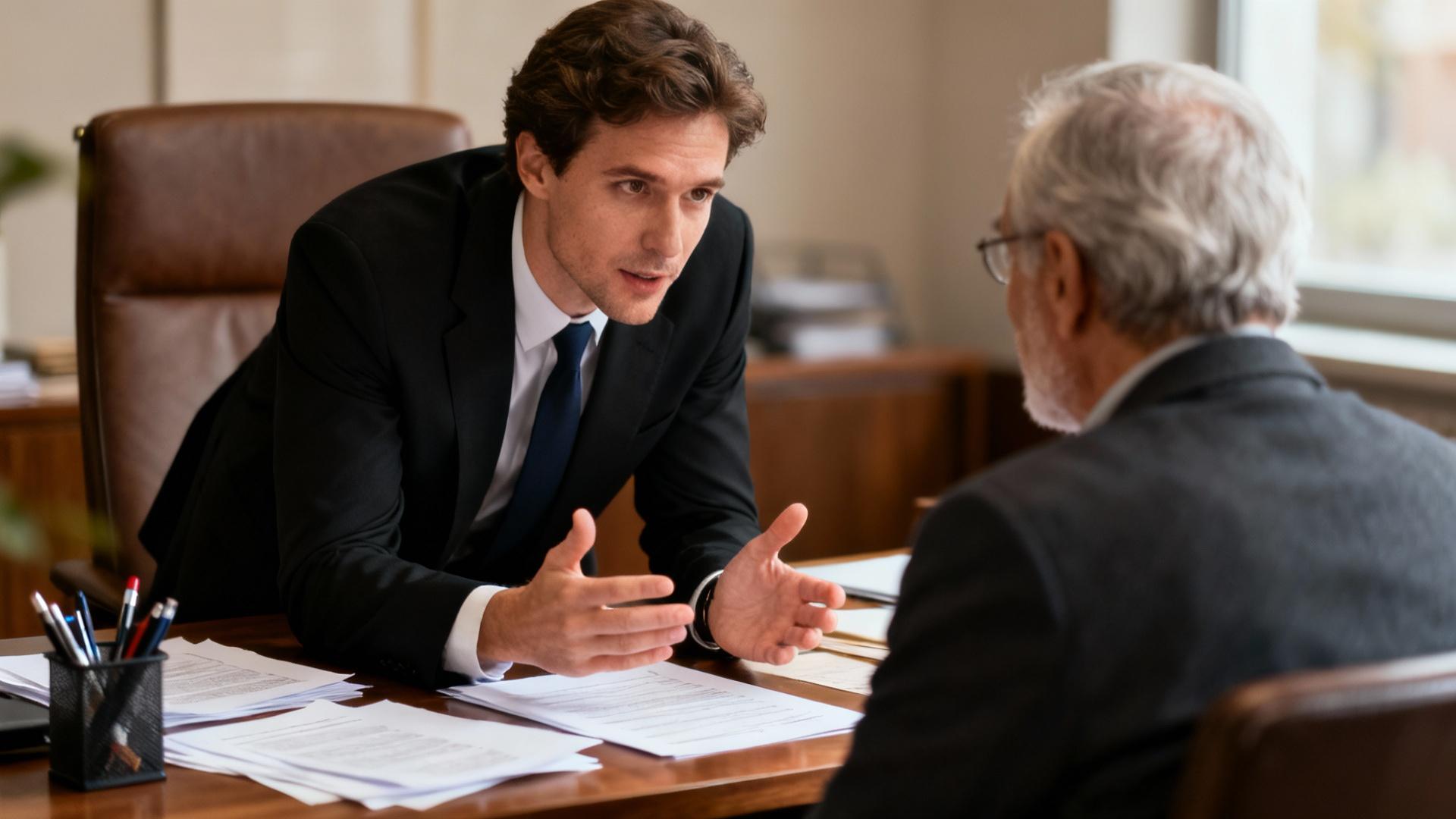 Avocat européen expliquant des documents juridiques à un client âgé assis à un bureau professionnel