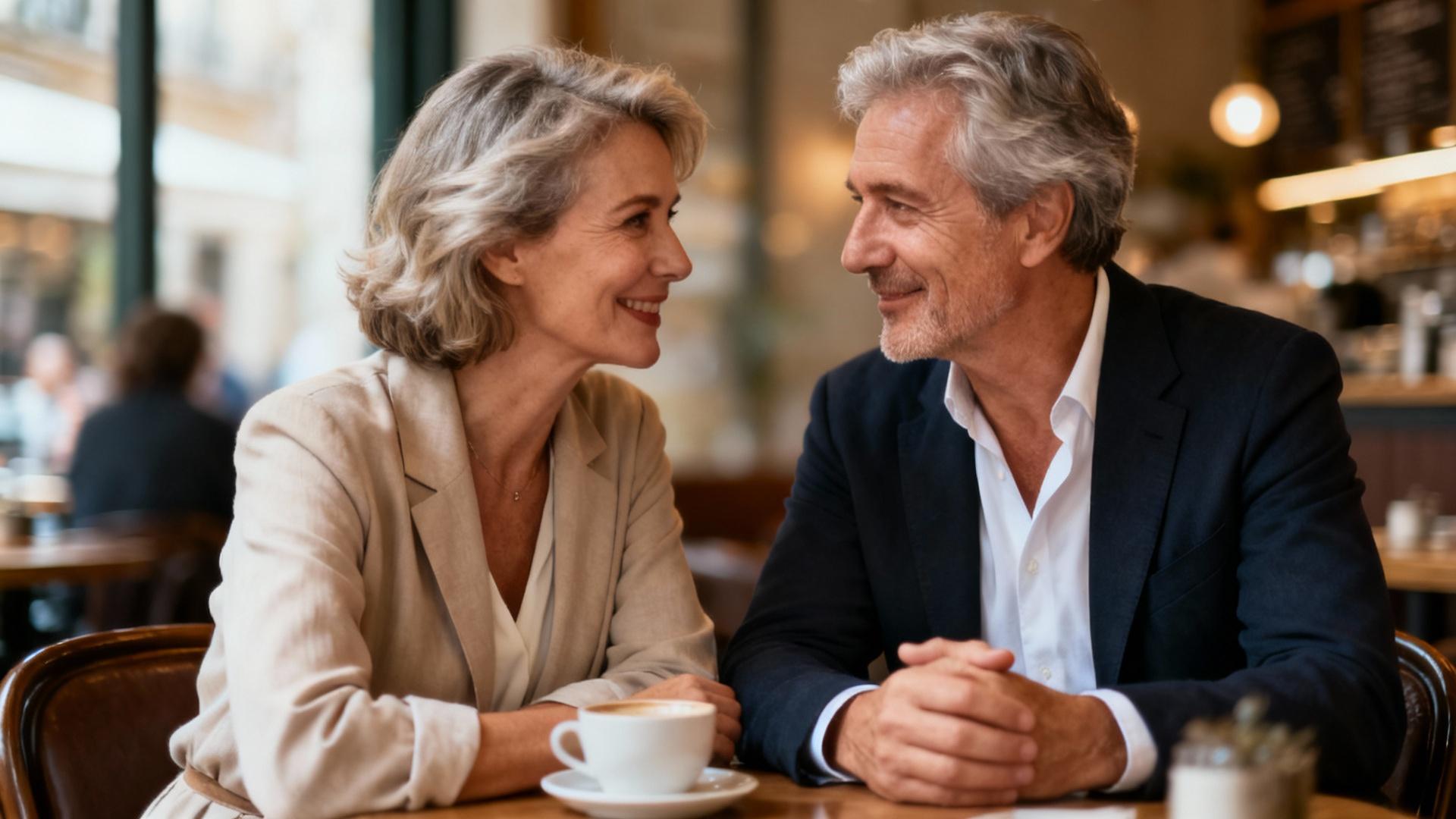 Couple élégant dans la cinquantaine partageant une conversation intime dans un café chaleureux avec éclairage naturel doux