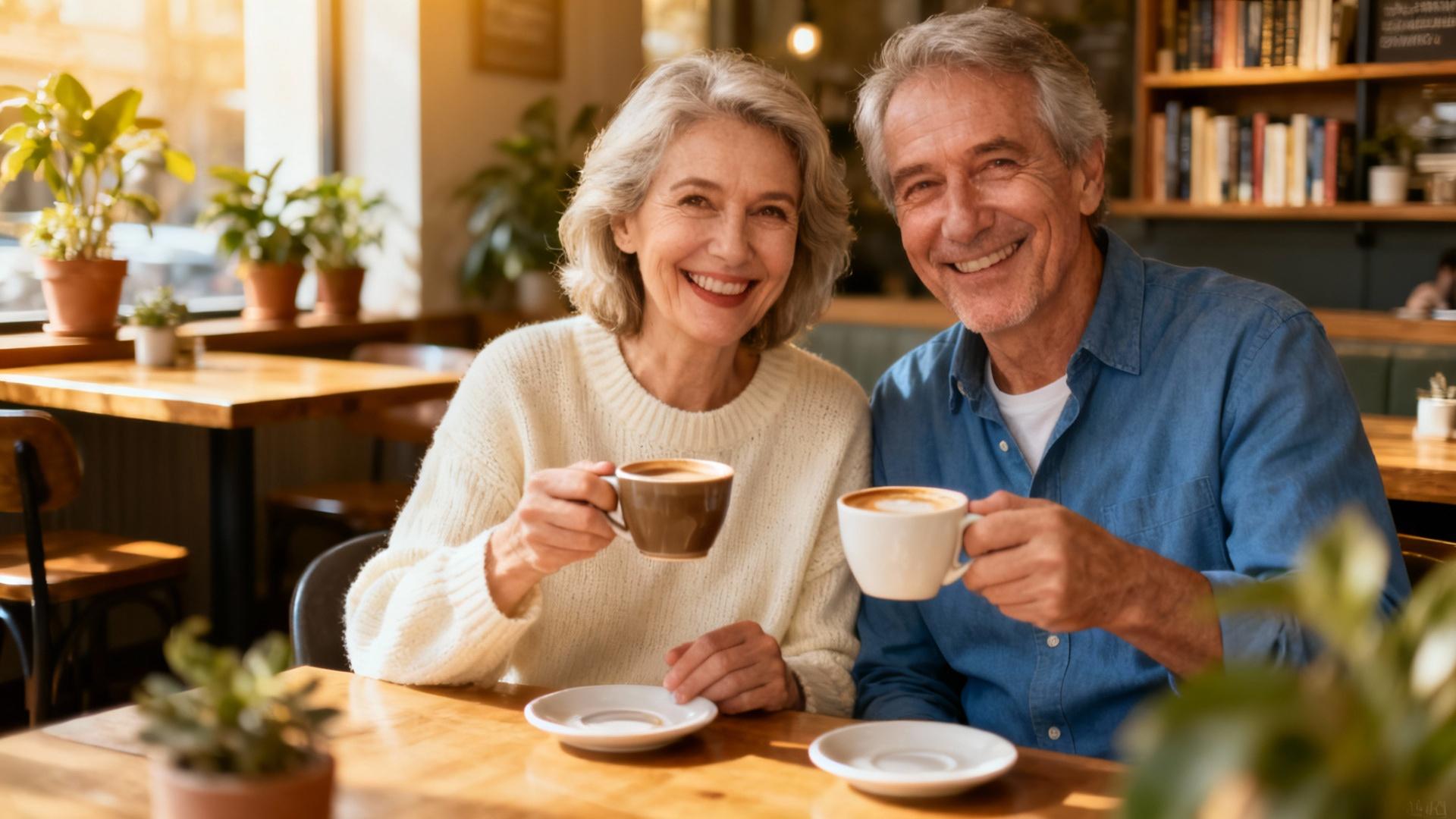 Un couple de seniors souriants assis à une table de café, partageant un moment convivial dans une atmosphère chaleureuse