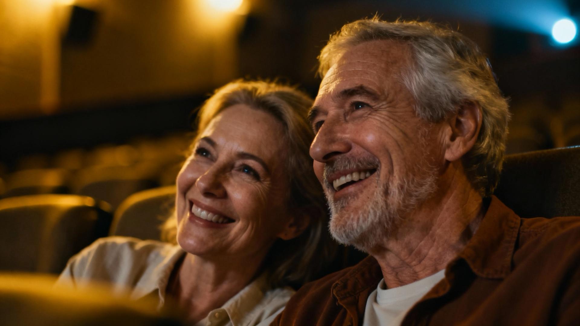 Couple âgé souriant ensemble dans une salle de cinéma obscure, regardant un film avec des lunettes 3D
