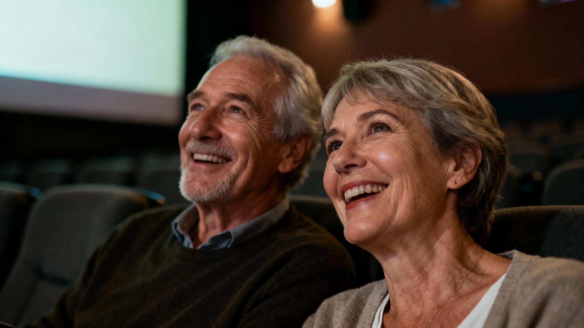 Couple âgé souriant regardant un film dans une salle de cinéma sombre avec écran lumineux