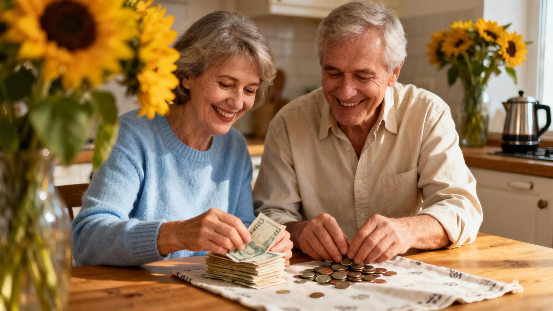 Couple de personnes âgées souriantes assis à leur table de cuisine et comptant leurs économies