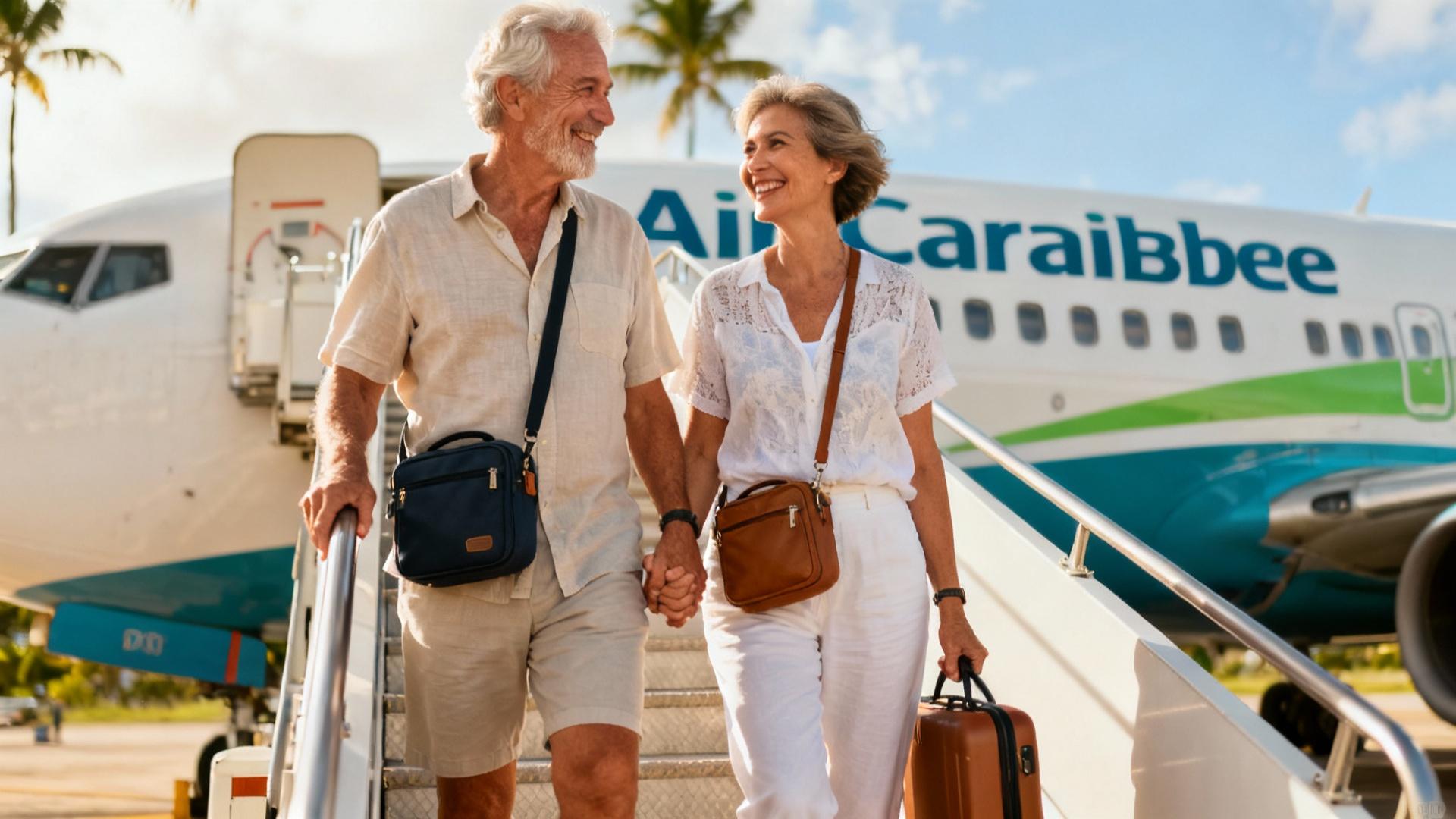 Couple âgé souriant montant dans un avion Air Caraïbes avec des valises et des vêtements d'été