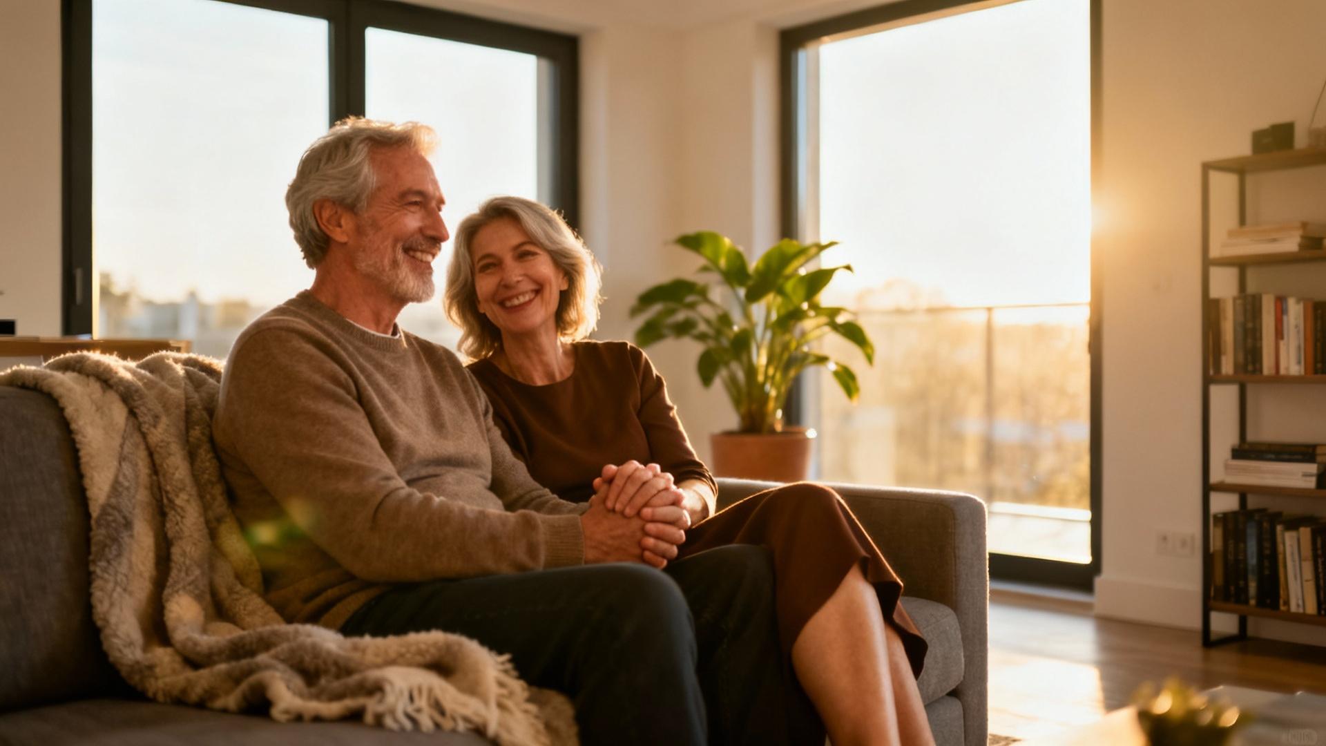Couple de seniors souriant dans leur salon lumineux avec canapé confortable et plantes vertes