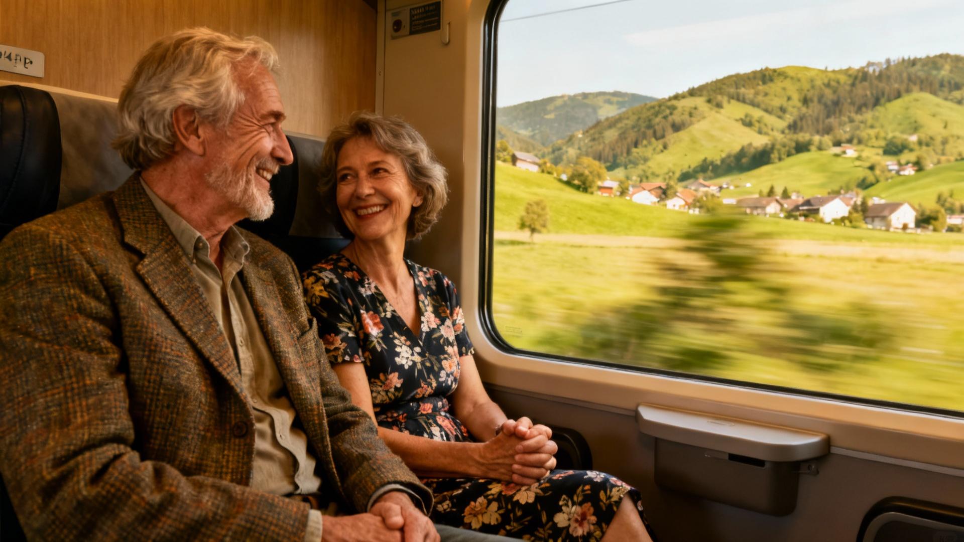 Couple âgé souriant assis dans un train, admirant le paysage à travers la fenêtre