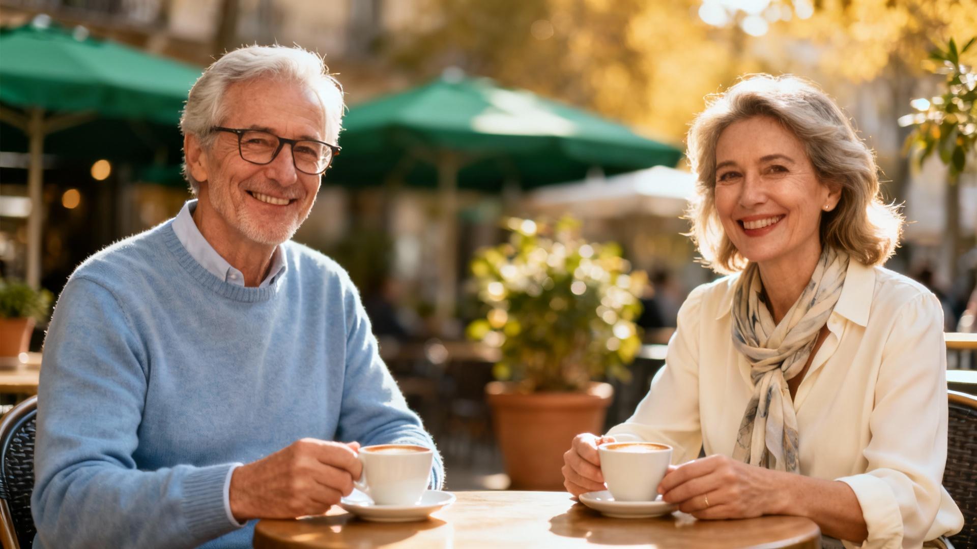 Couple âgé de plus de 60 ans assis à une table de café en terrasse avec des boissons chaudes devant eux