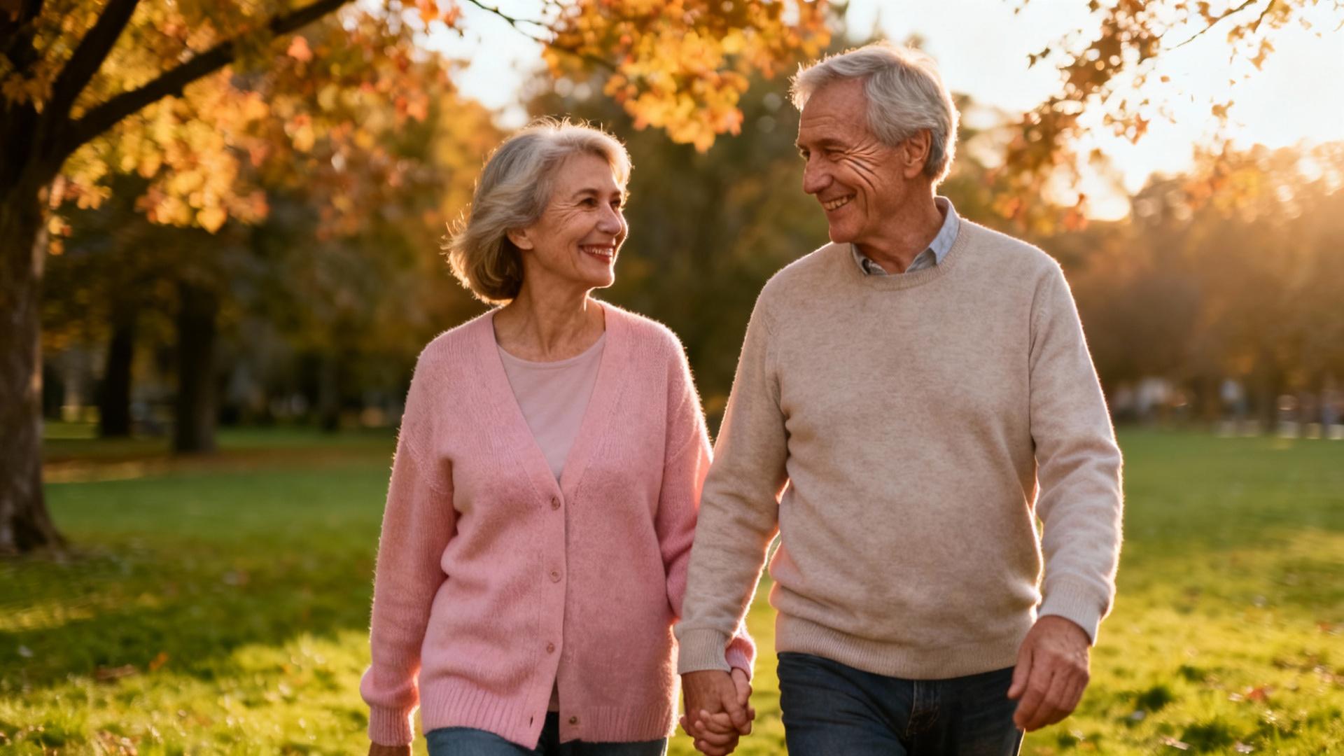 Couple de seniors souriants se promenant main dans la main dans un parc ensoleillé avec des arbres en arrière-plan