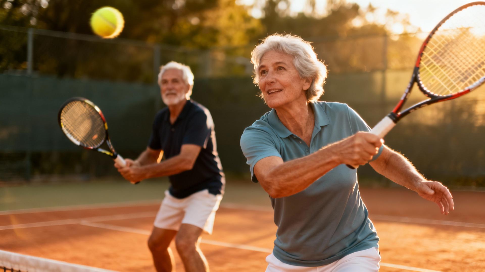 Couple de seniors souriants jouant une partie de tennis sur un court extérieur ensoleillé