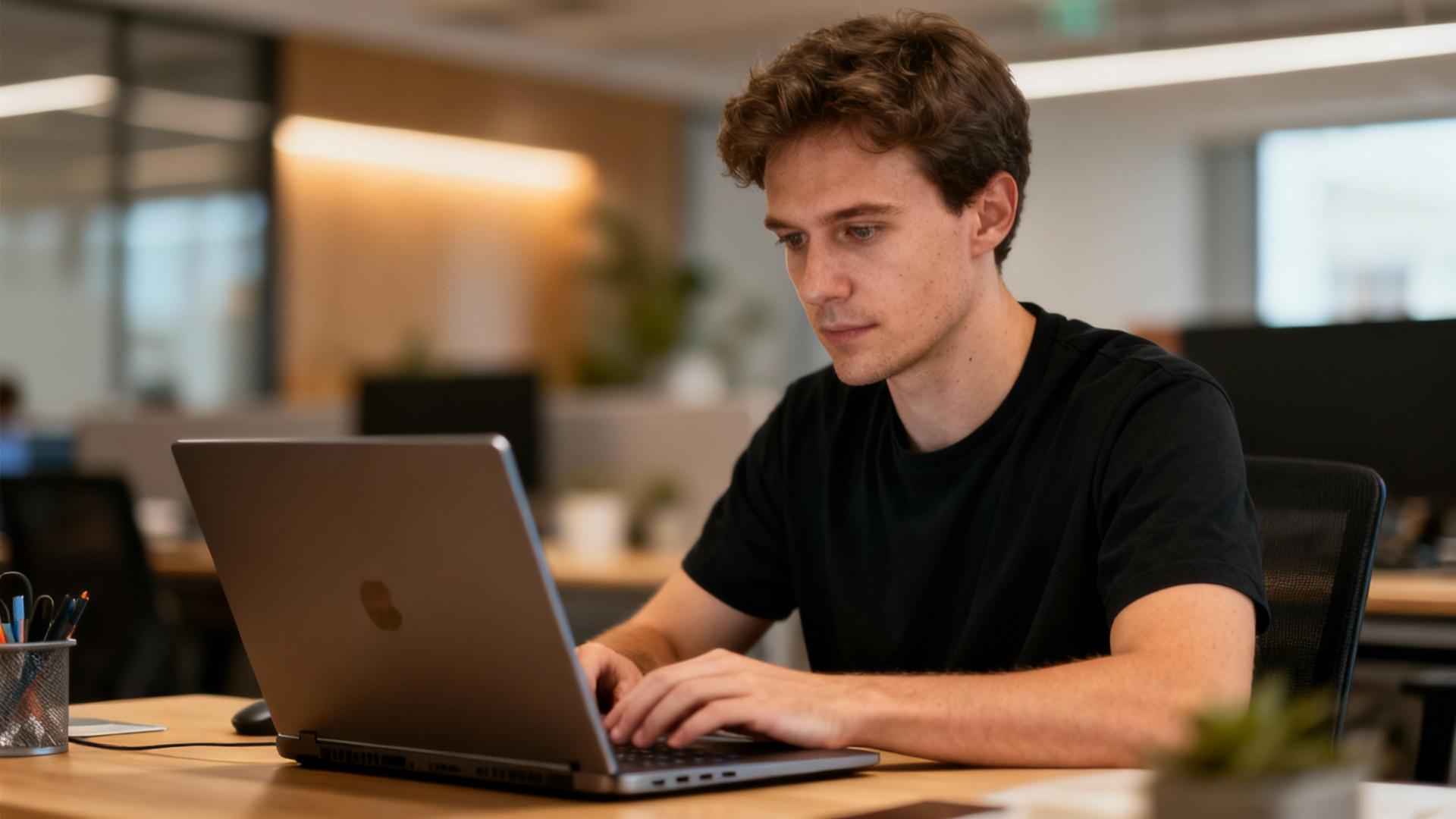Développeur expérimenté concentré sur son ordinateur portable dans un bureau moderne avec lumière naturelle