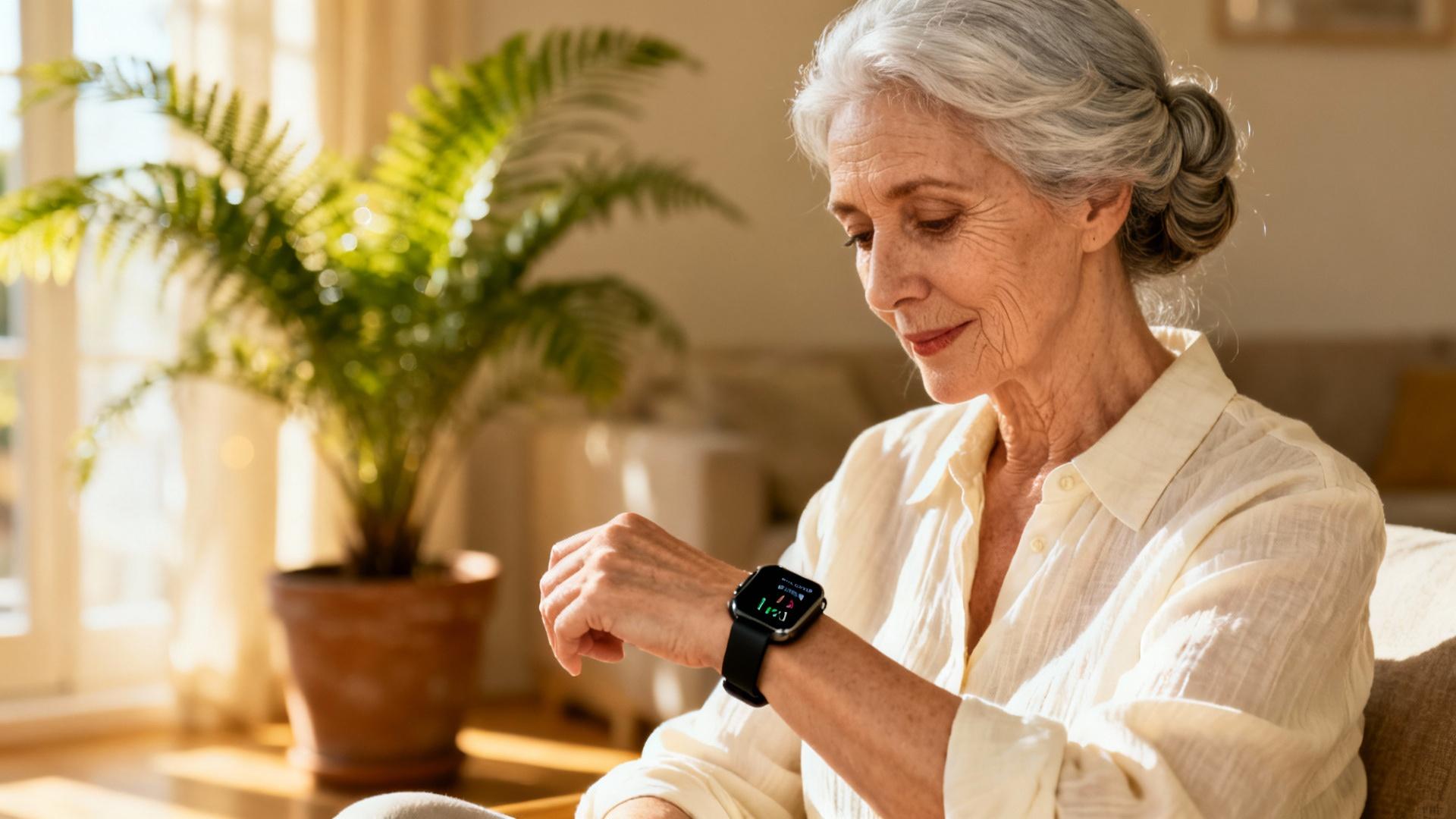 Femme âgée avec une Apple Watch Series 11 vérifiant ses métriques santé avec un iPhone en arrière-plan
