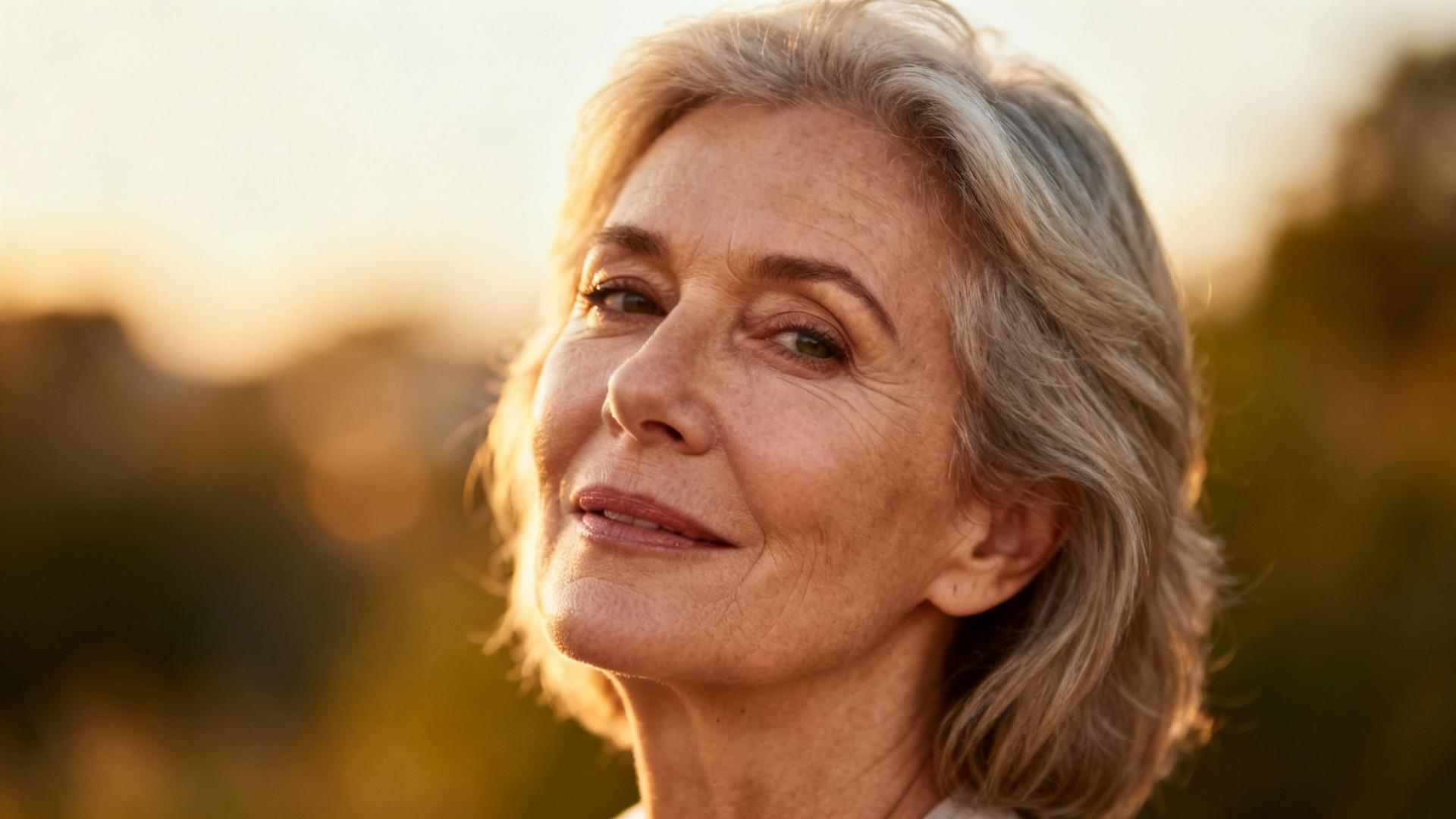 Femme senior élégante au sourire confiant posant pour un book mannequin professionnel avec éclairage naturel chaud