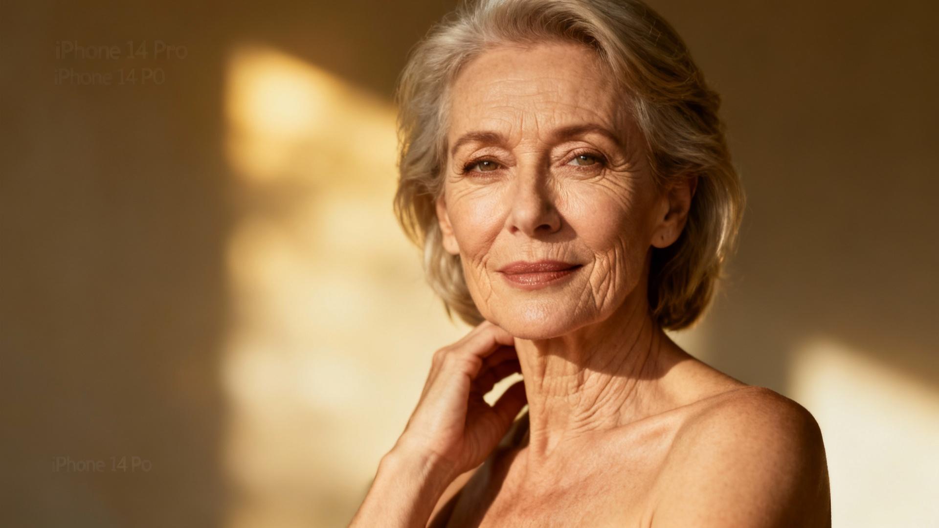 Femme élégante de plus de 60 ans posant avec confiance sous un éclairage de studio, peau naturelle avec rides visibles