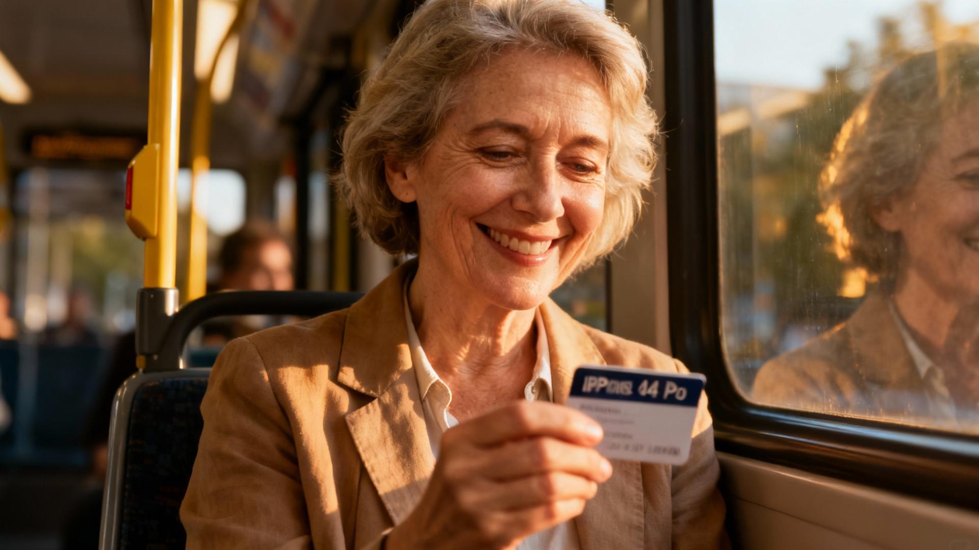 Femme senior souriante en train d'utiliser sa carte de transport public dans un bus ou un métro