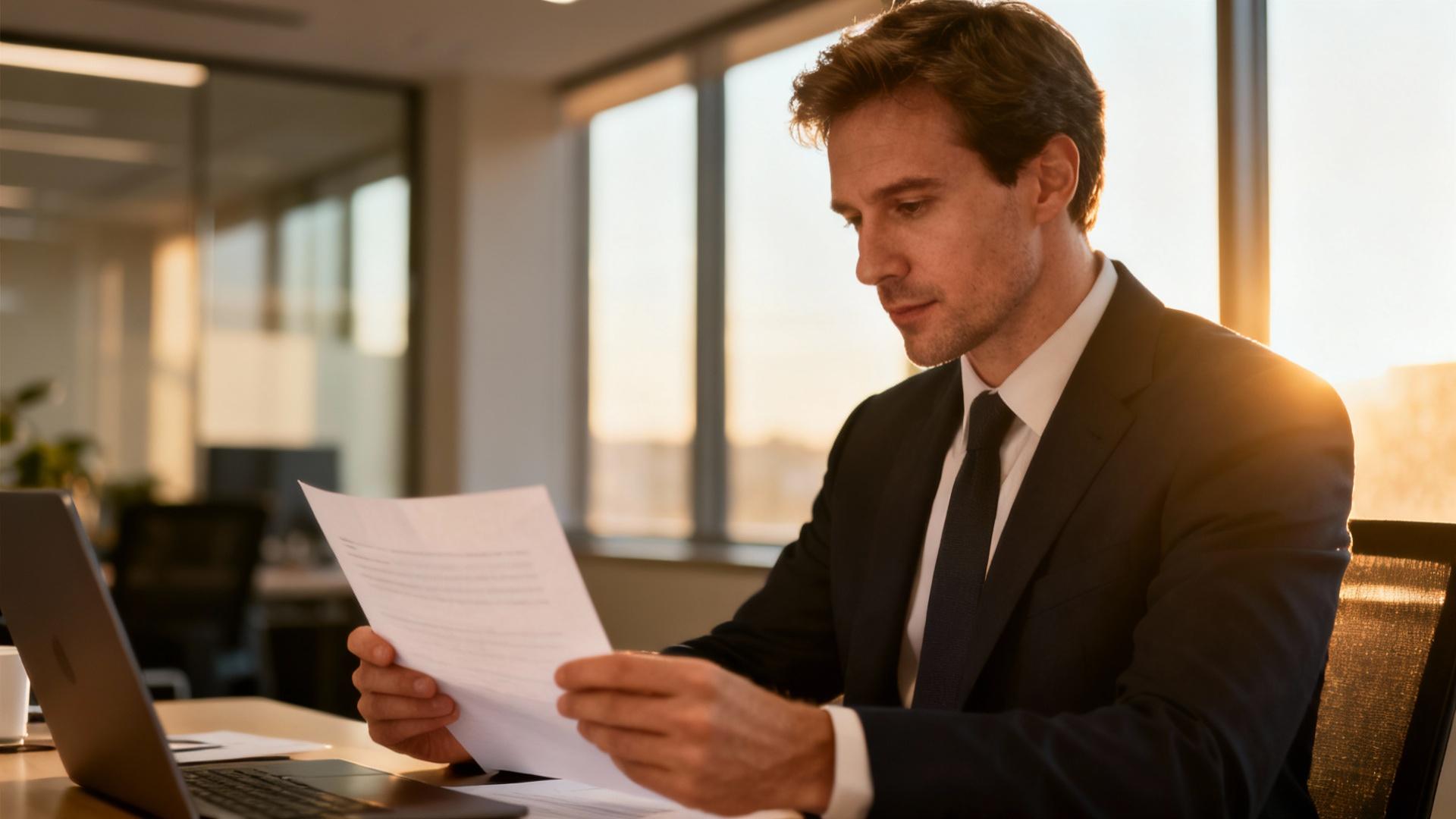 Homme d'affaires en costume lisant attentivement un contrat sur son bureau moderne avec lumière naturelle
