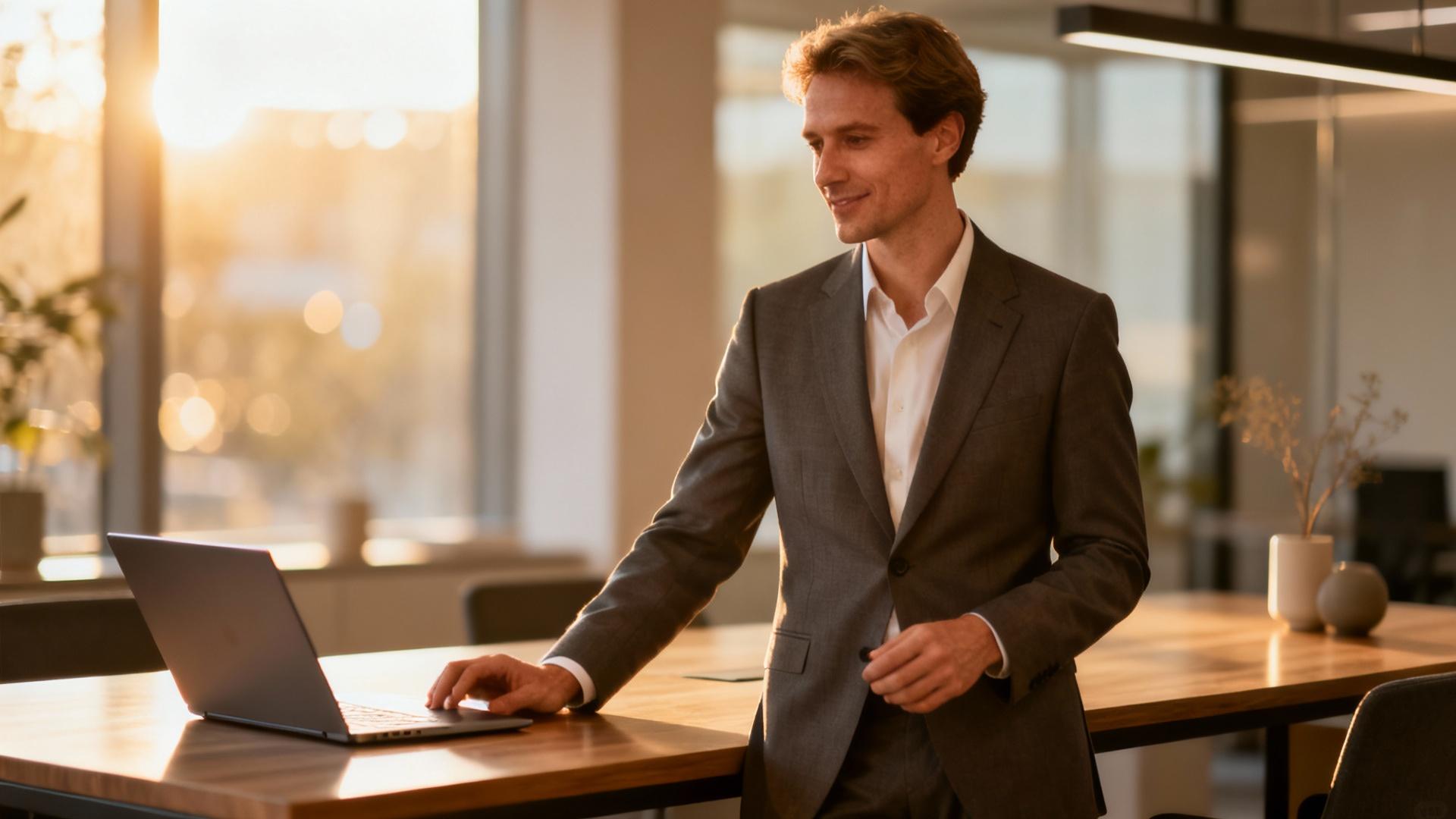 Professionnel européen travaillant sur ordinateur dans un bureau moderne avec lumière naturelle et ambiance chaleureuse