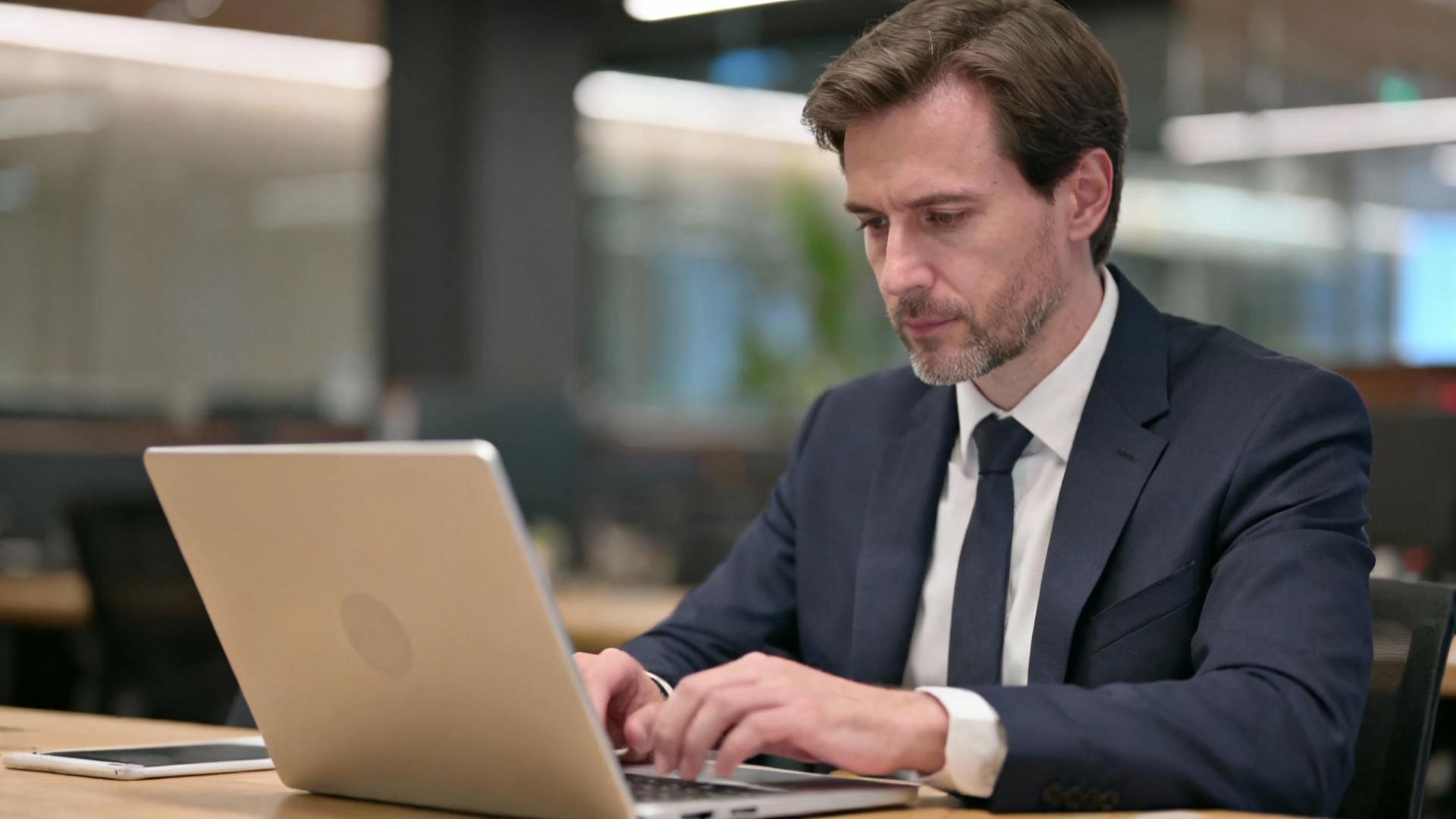 Professionnel européen travaillant sur un ordinateur portable dans un bureau moderne avec éclairage naturel et tons chauds
