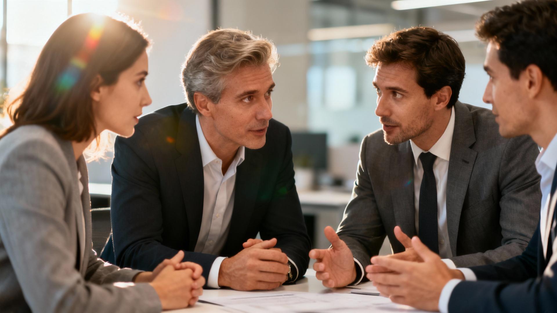 Groupe de professionnels européens discutant autour d'une table de réunion moderne dans un bureau éclairé naturellement