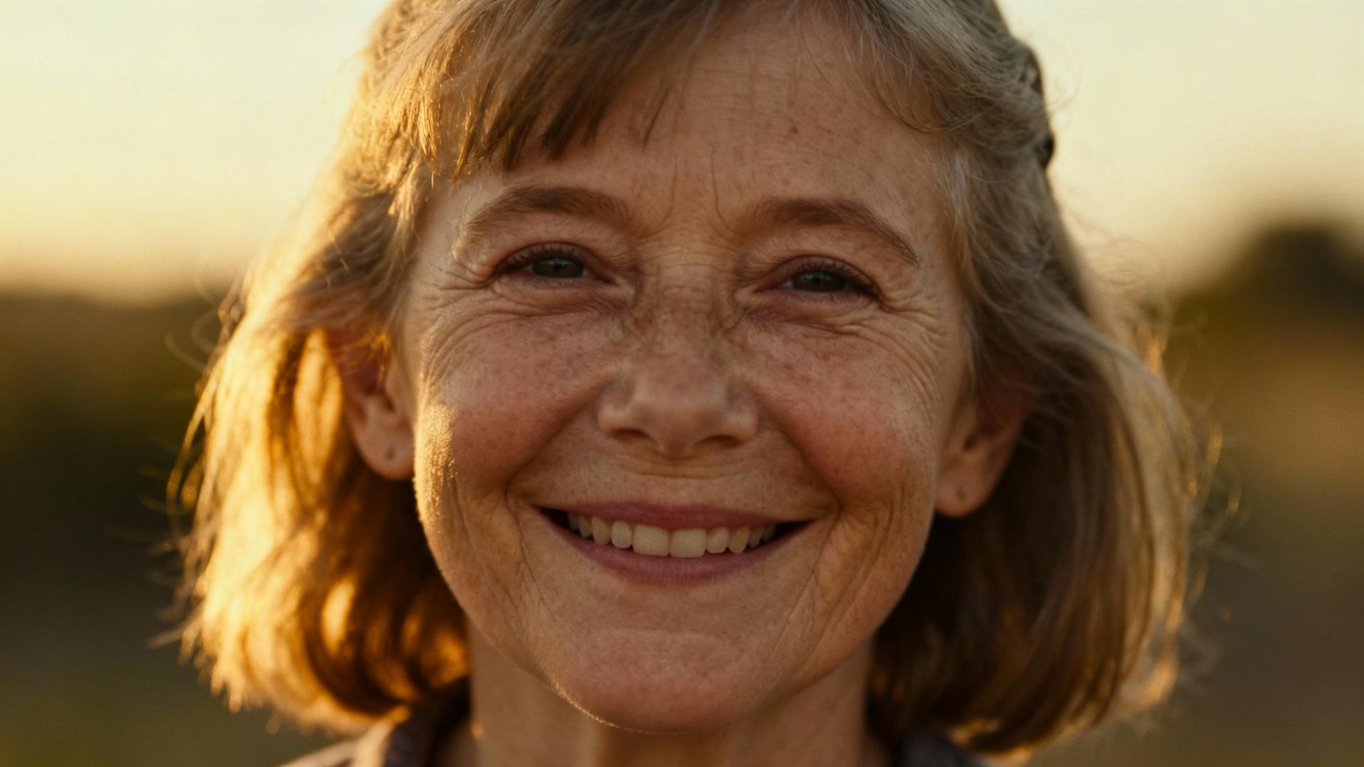 Femme senior souriante avec une expression naturelle, éclairée par la lumière chaude du soleil couchant
