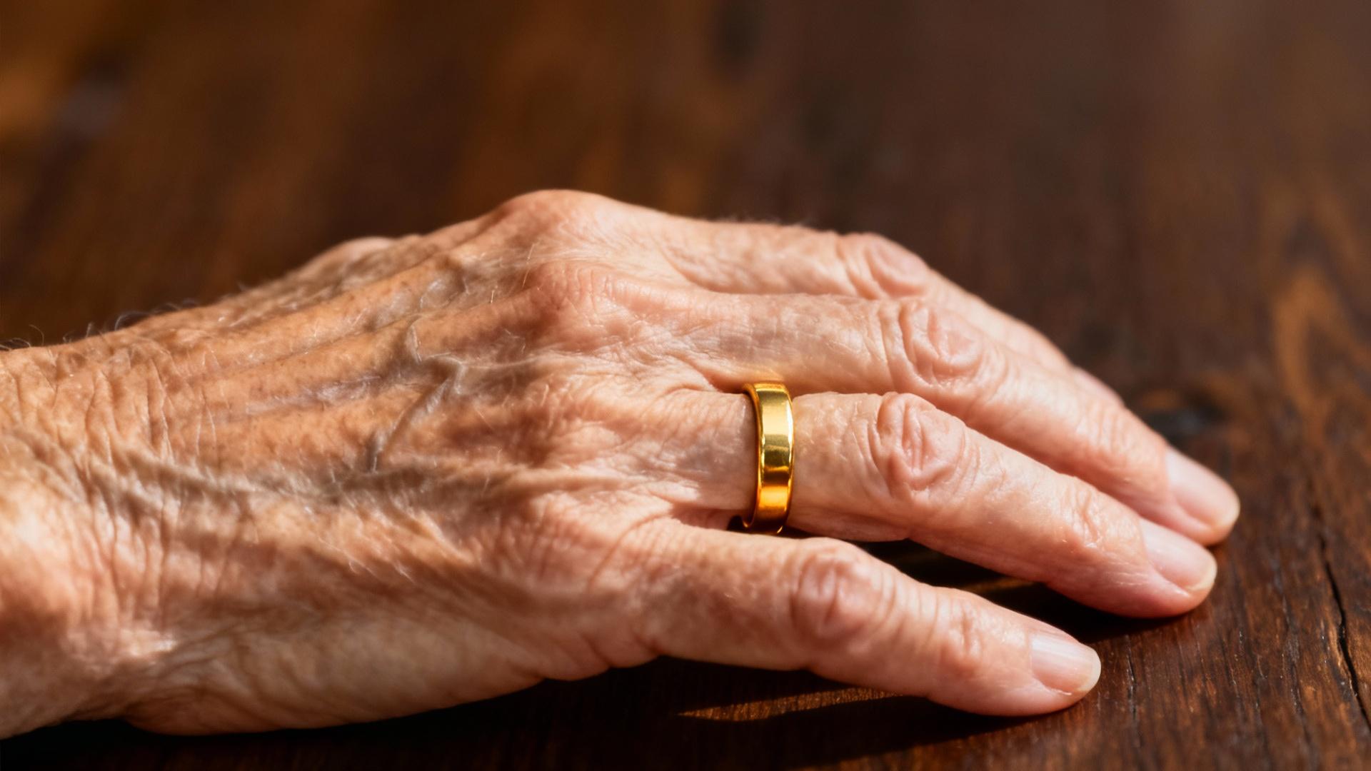 Bague senior en métal portée par une femme sur fond de bois sombre, photographiée avec lumière naturelle