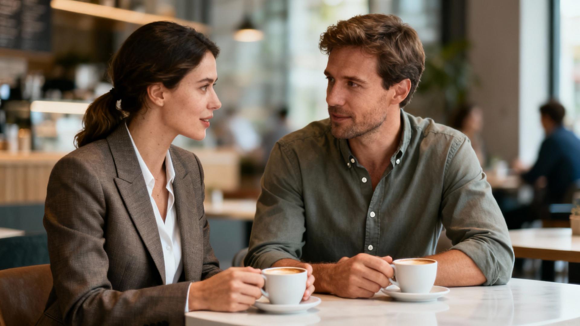 Couple européen en tenue décontractée discutant d'équilibre vie professionnelle autour d'un café dans un cadre moderne