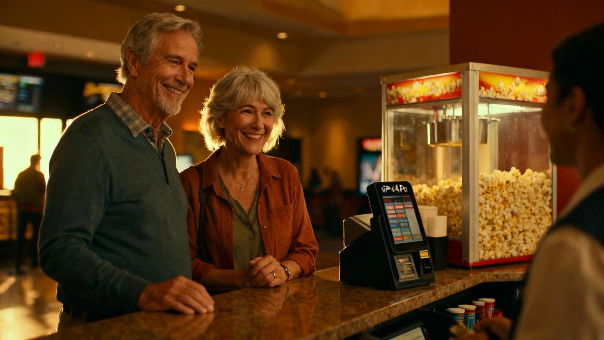 Couple de seniors souriant à un guichet de cinéma en train d'acheter des billets