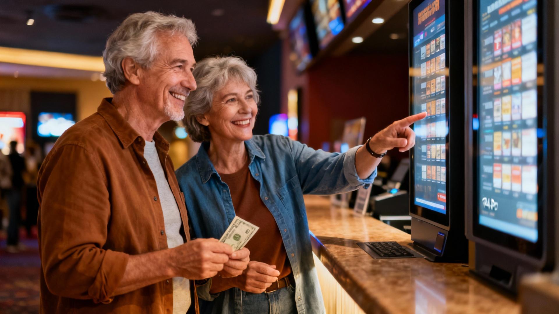 Couple âgé souriant devant le comptoir d'un cinéma en train d'acheter des billets