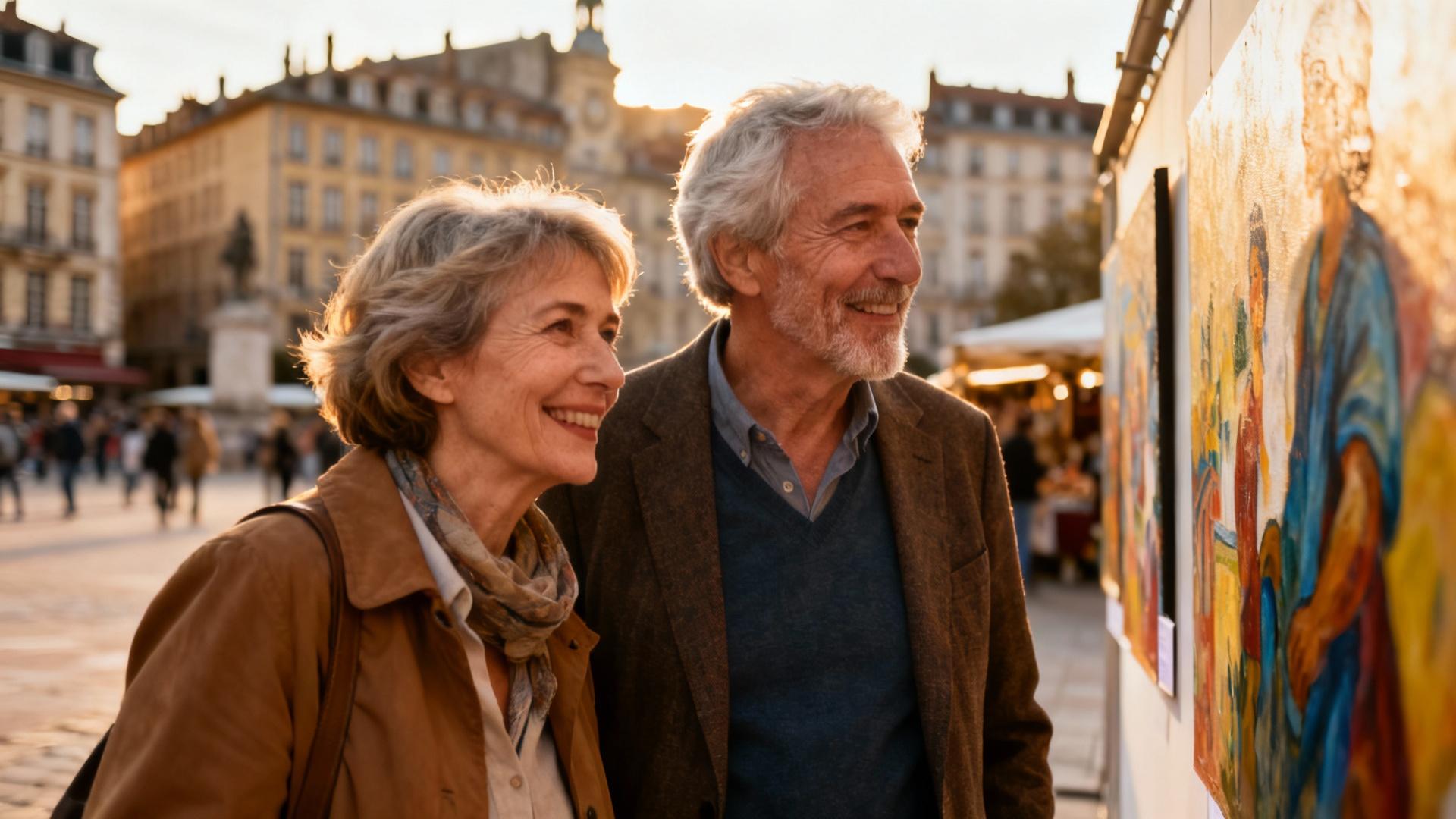 Couple âgé heureux participant à une activité culturelle dans le centre-ville de Lyon, souriants et détendus