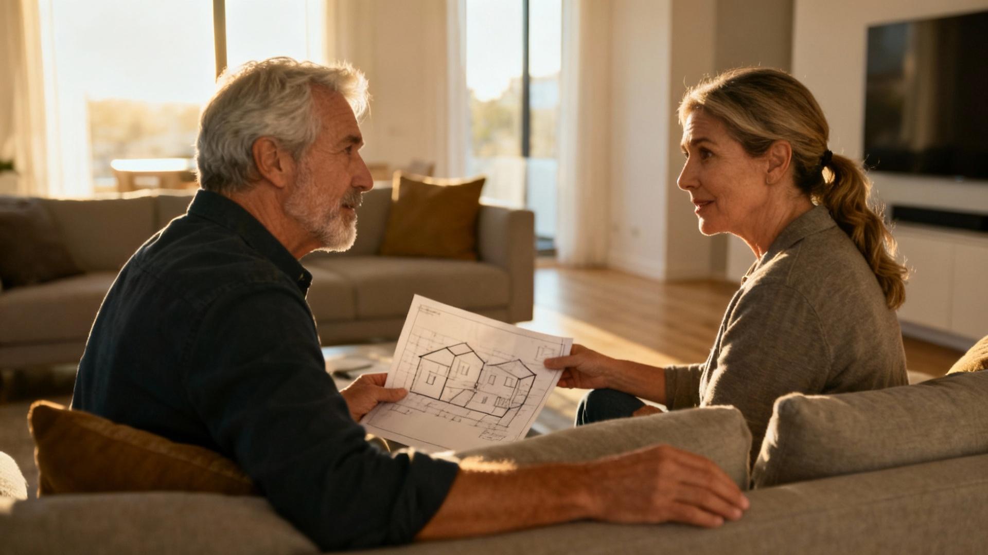 Couple âgé échangeant des plans de rénovation dans un salon contemporain avec canapé gris et table basse