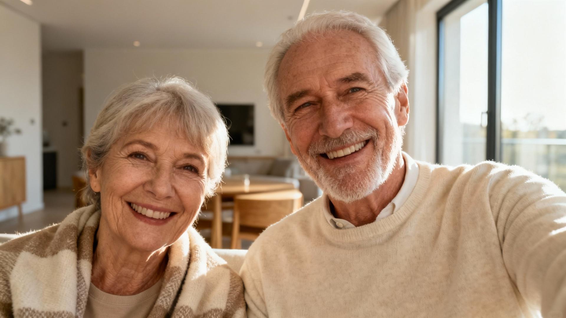 Couple de seniors heureux dans un appartement de retraite moderne avec lumière naturelle et décoration chaleureuse