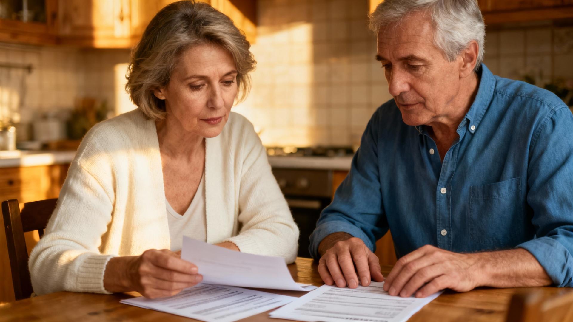 Couple âgé lisant attentivement des documents d'assurance autour d'une table de cuisine bien éclairée