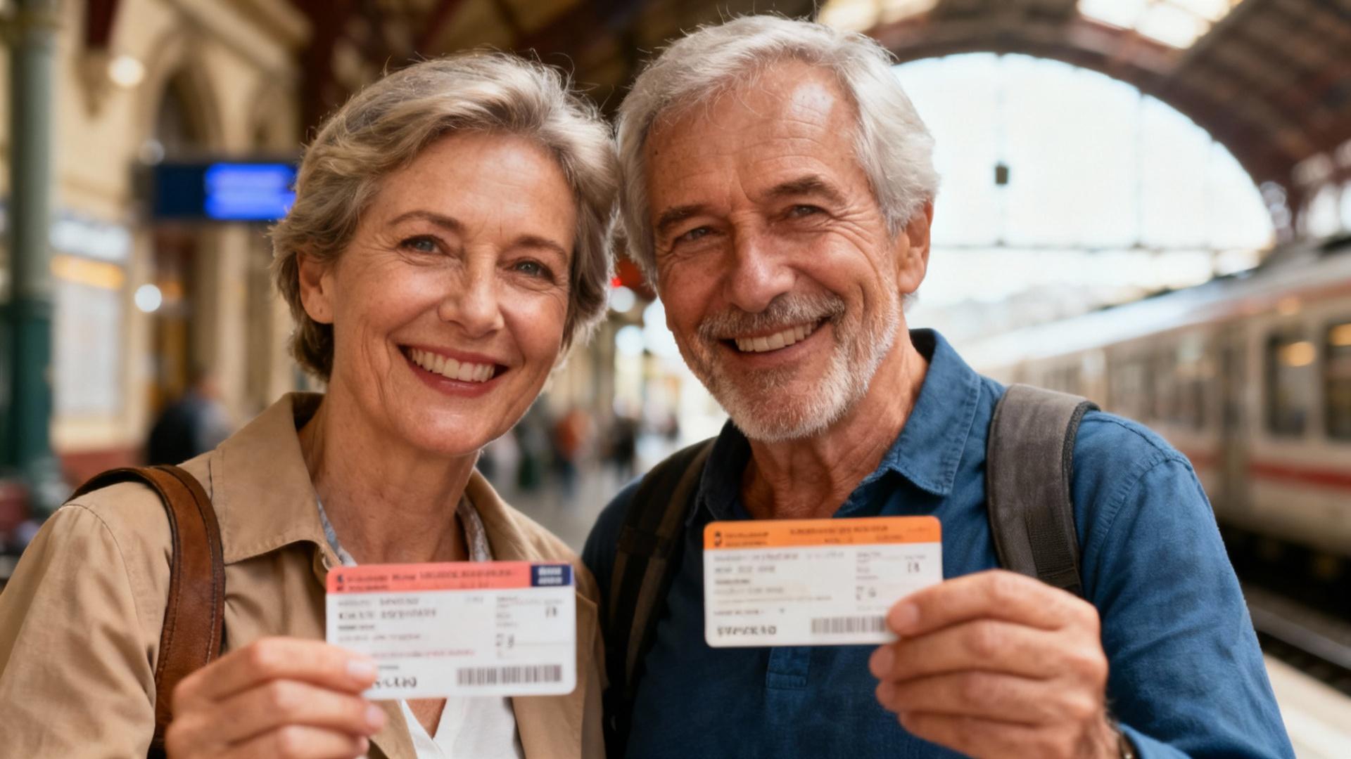 Couple âgé souriant tenant des billets de train dans une gare, éclairé par une lumière naturelle douce