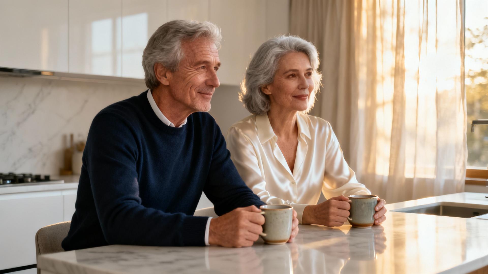 Couple élégant dans la soixantaine prenant un café matinal dans un appartement lumineux avec décoration moderne