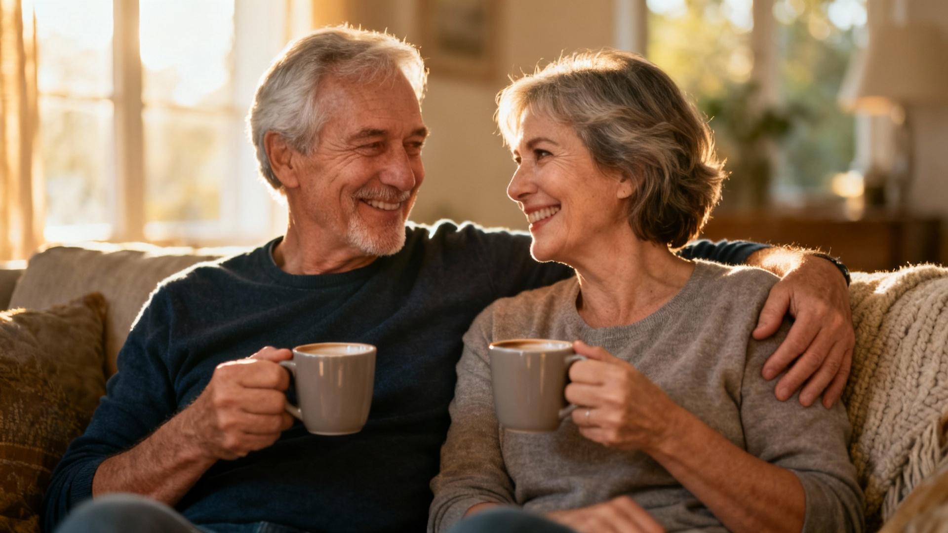 Couple européen dans la soixantaine souriant et partageant un café dans leur salon avec une lumière naturelle douce