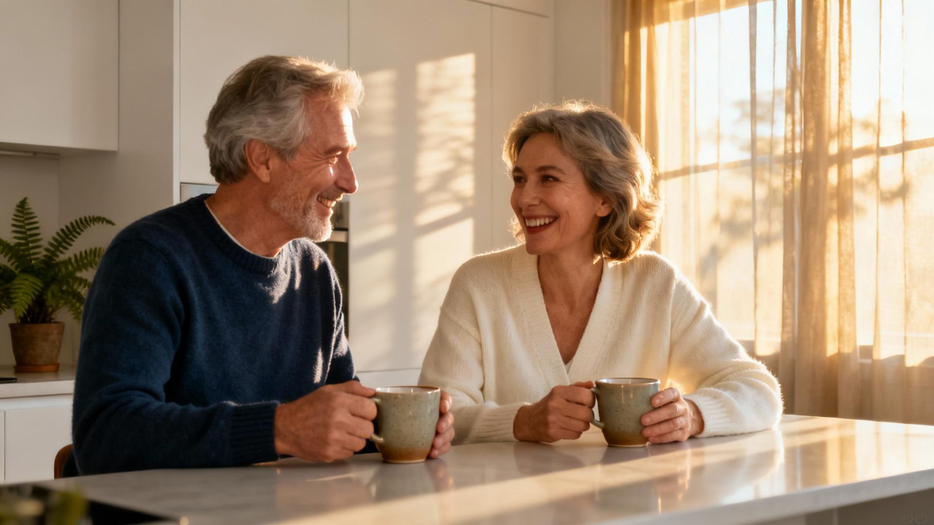 Couple âgé souriant partageant un moment convivial autour d'un café dans leur maison moderne