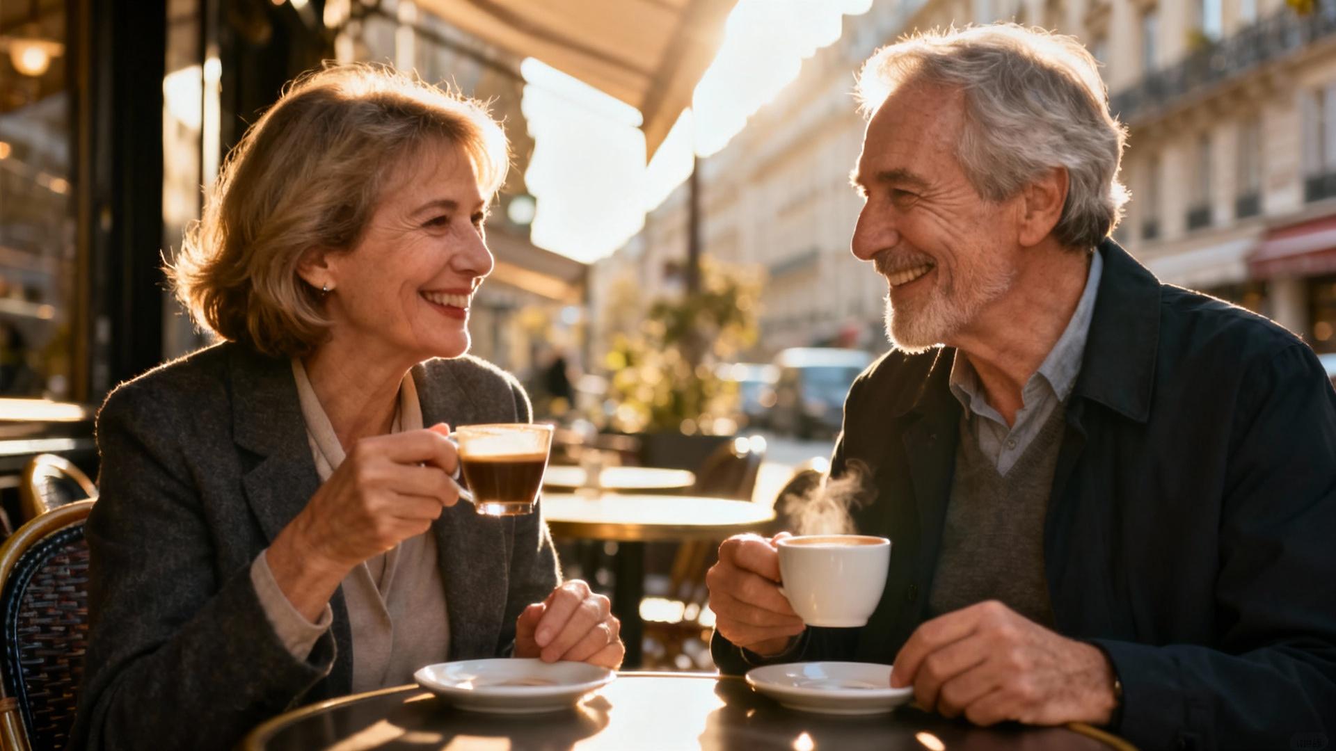 Couple âgé assis à une table de café parisien ensoleillé, souriant avec des tasses de café