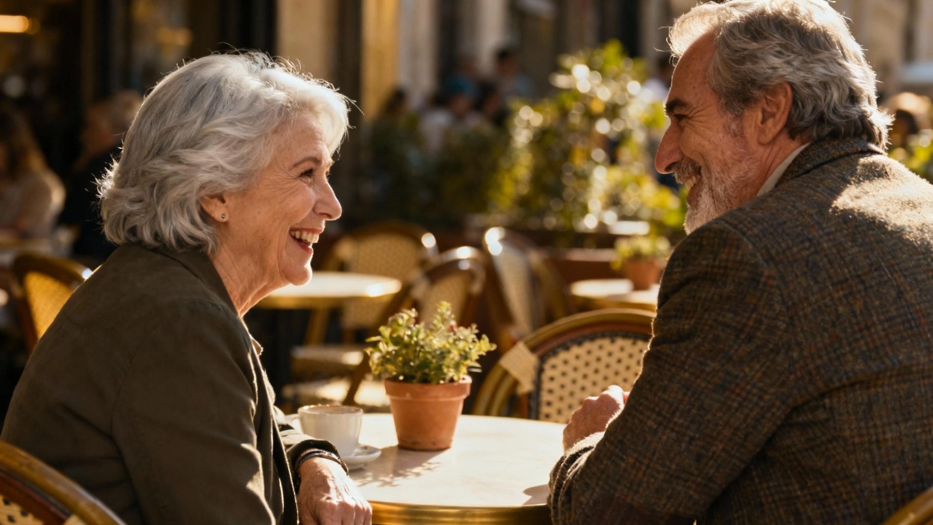 Couple âgé discutant avec des sourires dans un café ensoleillé, ambiance conviviale et chaleureuse
