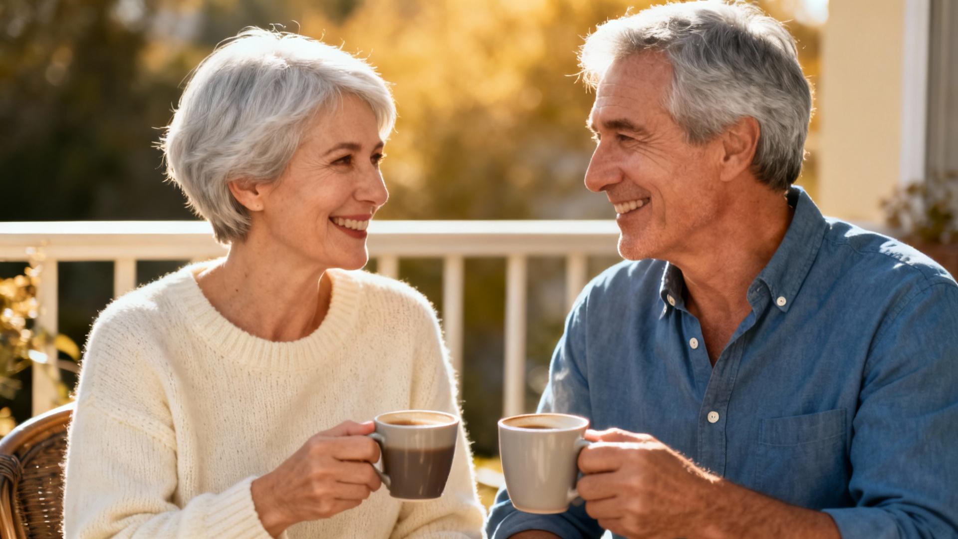 Couple de seniors souriant autour d'une table de café sur une terrasse ensoleillée, tenant leurs tasses