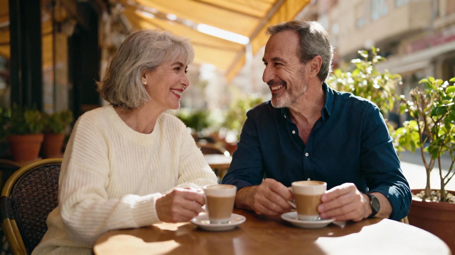Couple dans la soixantaine assis à une terrasse de café, souriants avec des tasses à la main et une ambiance chaleureuse