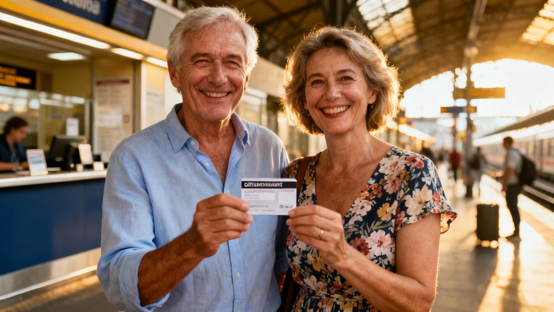 Couple senior souriant tenant une carte de réduction ferroviaire devant un guichet de gare