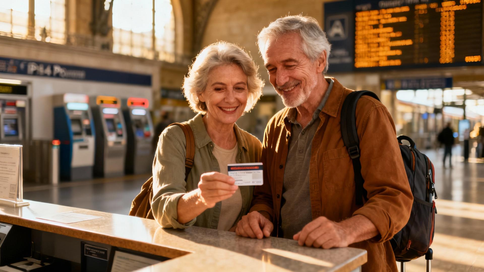 Un couple âgé présente sa carte senior au guichet d'une gare pour bénéficier d'une réduction sur leurs billets