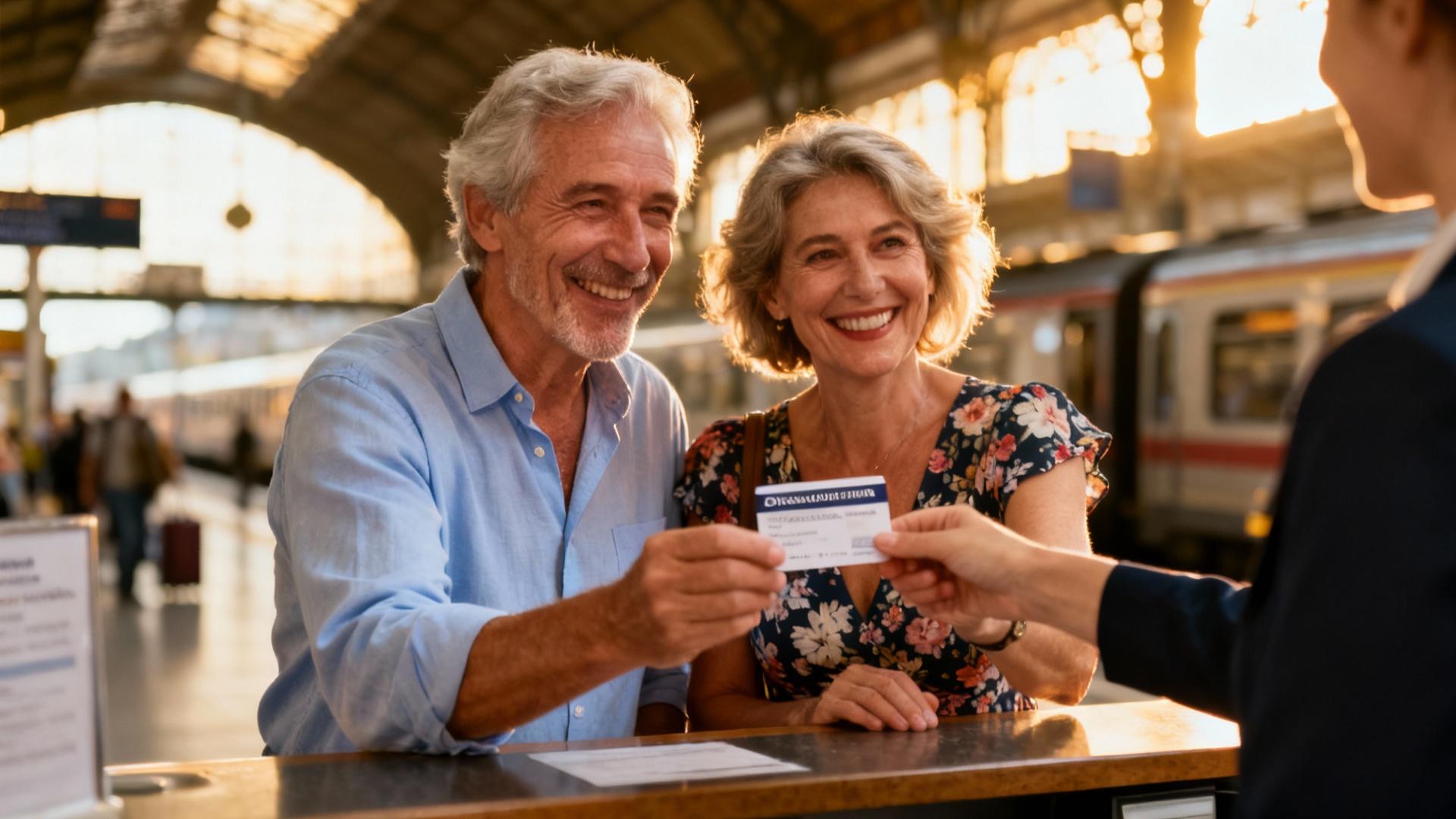 Un couple âgé heureux reçoit une carte de réduction au comptoir d'une gare, souriant face à l'agent