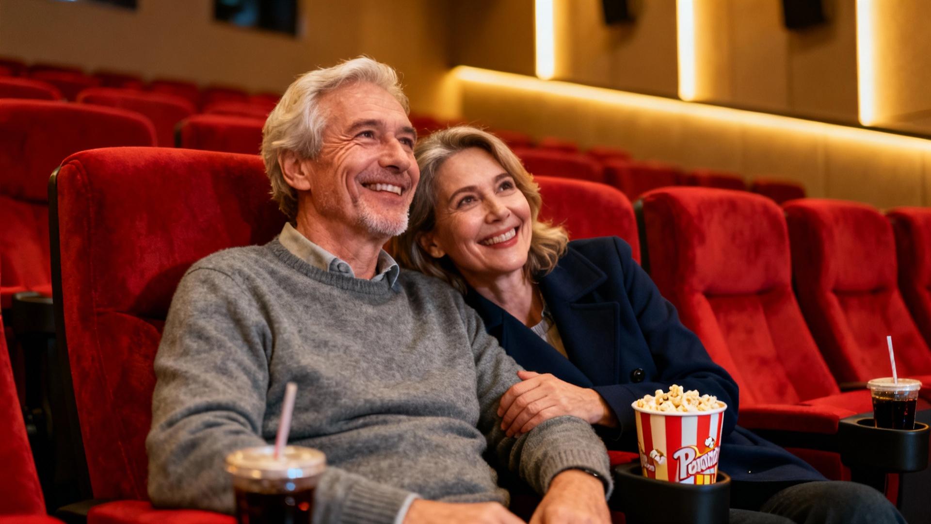 Couple âgé heureux regardant un film dans une salle de cinéma moderne avec sièges rouges et écran géant
