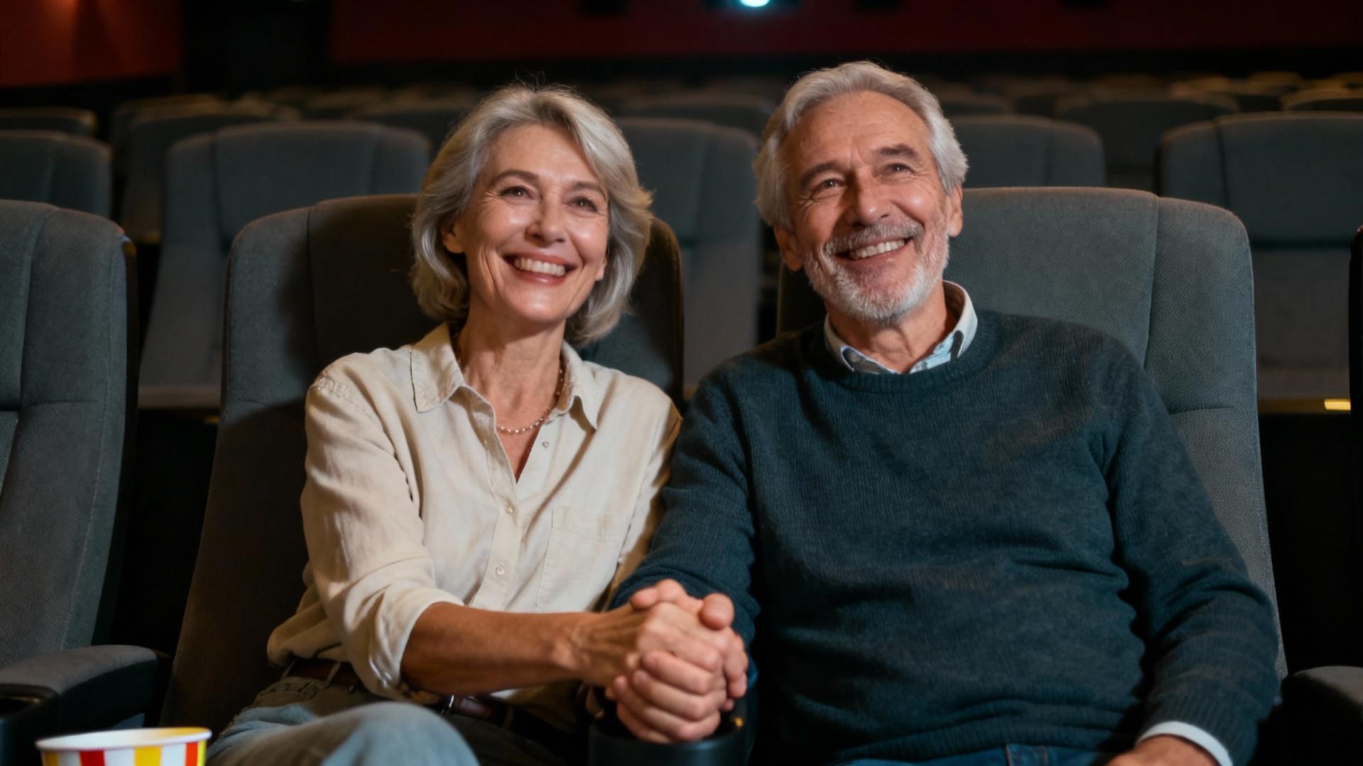 Couple senior heureux regardant un film dans un cinéma moderne avec éclairage doux et ambiance chaleureuse