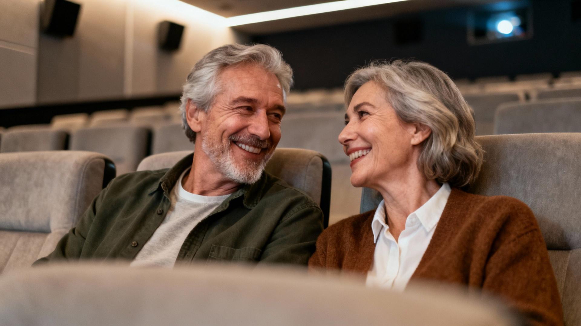 Couple âgé souriant assis dans un cinéma moderne avec écran géant et fauteuils rouges confortables