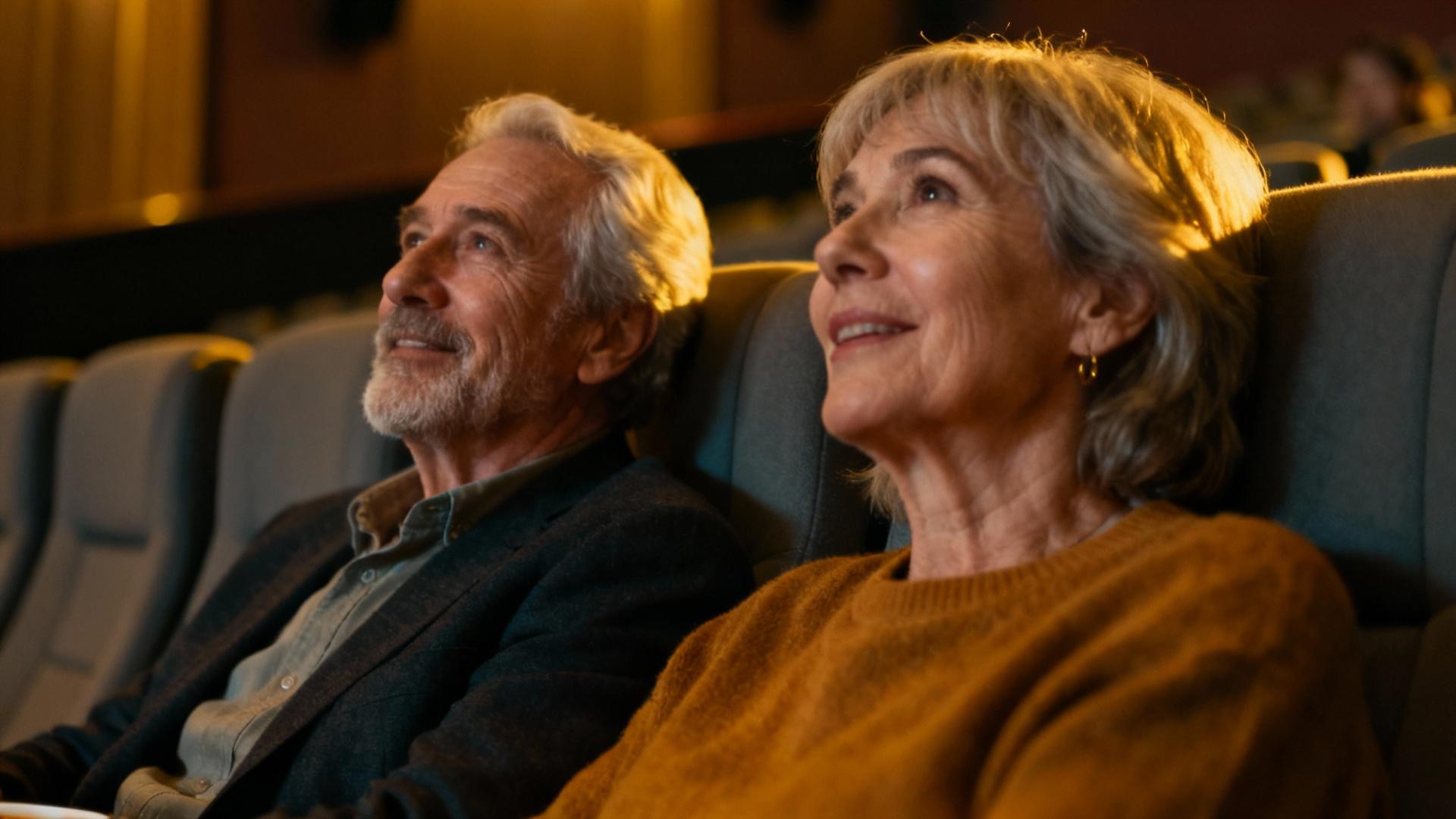 Couple âgé souriant assis dans un cinéma moderne, regardant un film avec des fauteuils rouges confortables