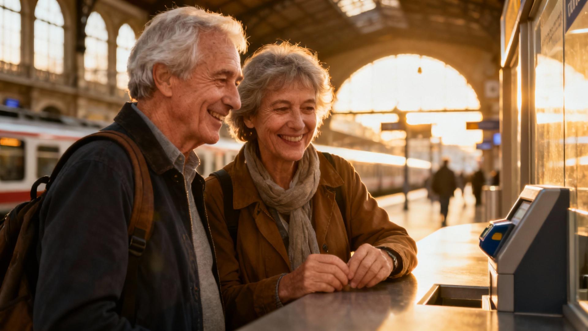 Couple âgé souriant en train d'acheter des billets au comptoir d'une gare, interaction chaleureuse avec l'agent