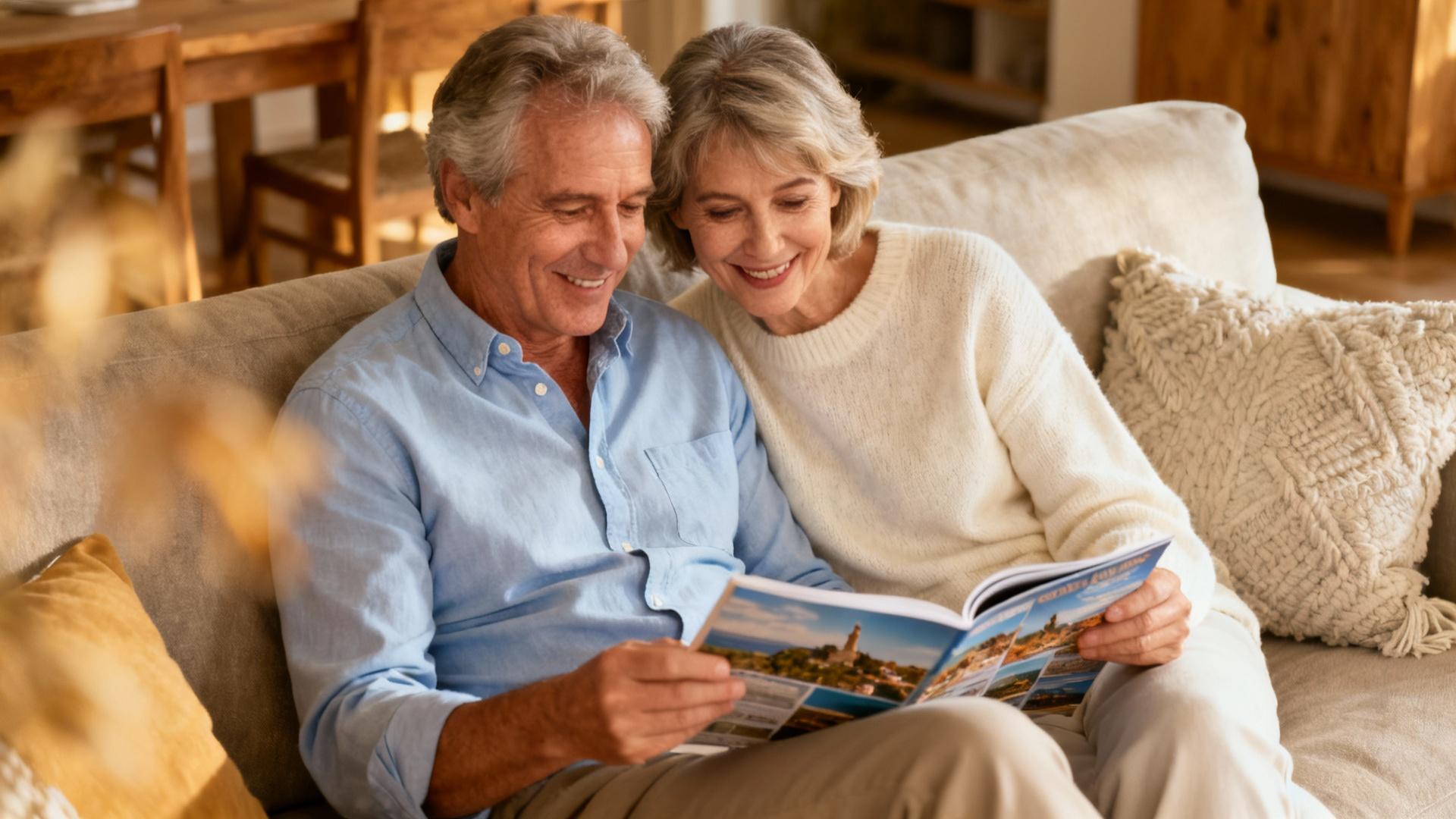 Couple âgé heureux feuilletant un catalogue de voyages dans leur salon, lumière naturelle douce