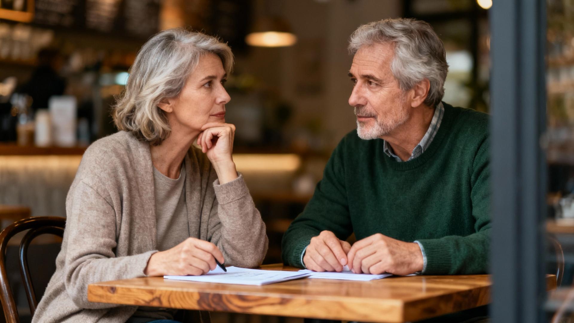 Couple âgé européen en conversation sérieuse autour d'une table de café, lumière naturelle douce