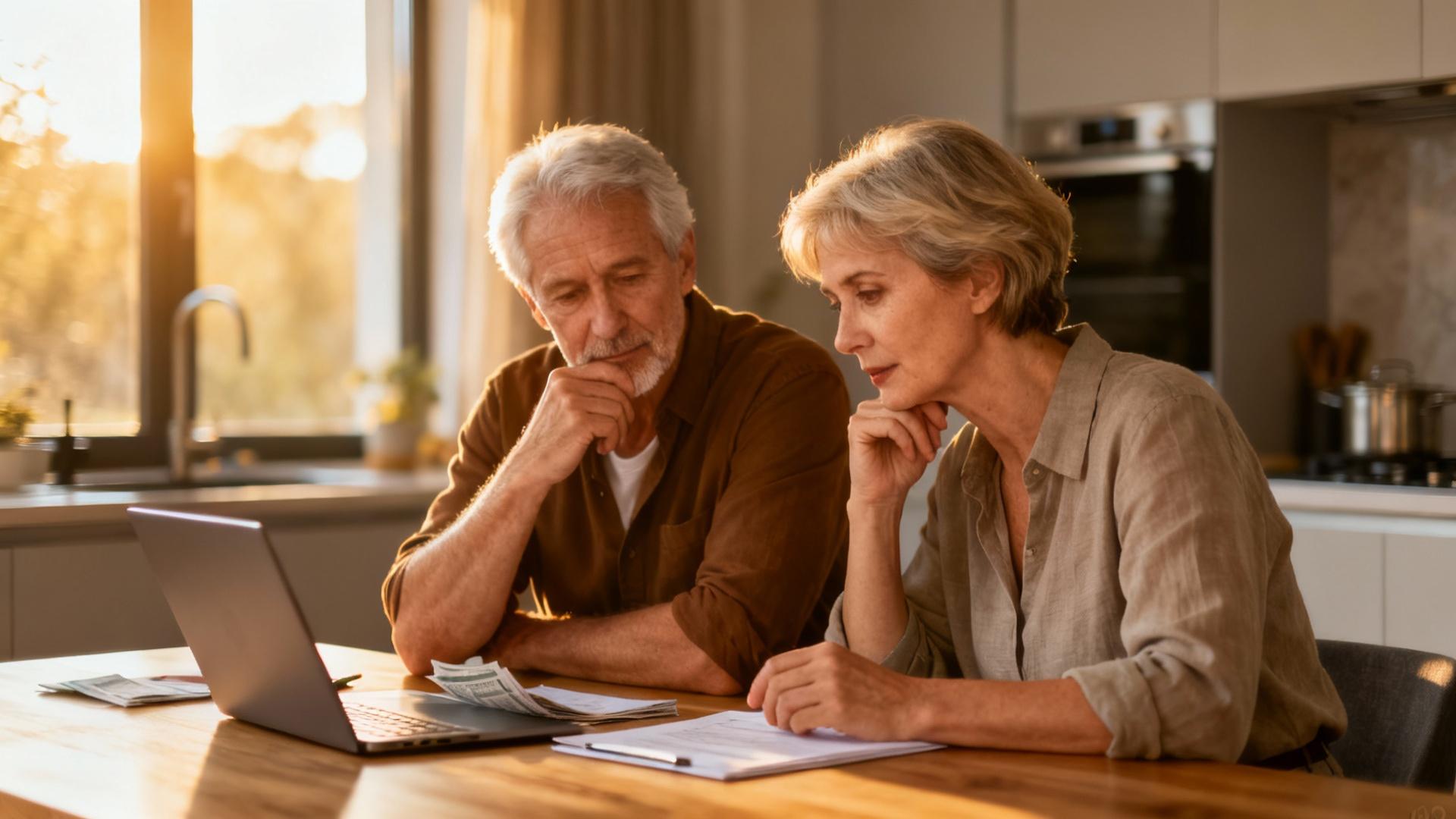 Couple âgé discutant sérieusement de finances assis à une table de cuisine moderne avec documents