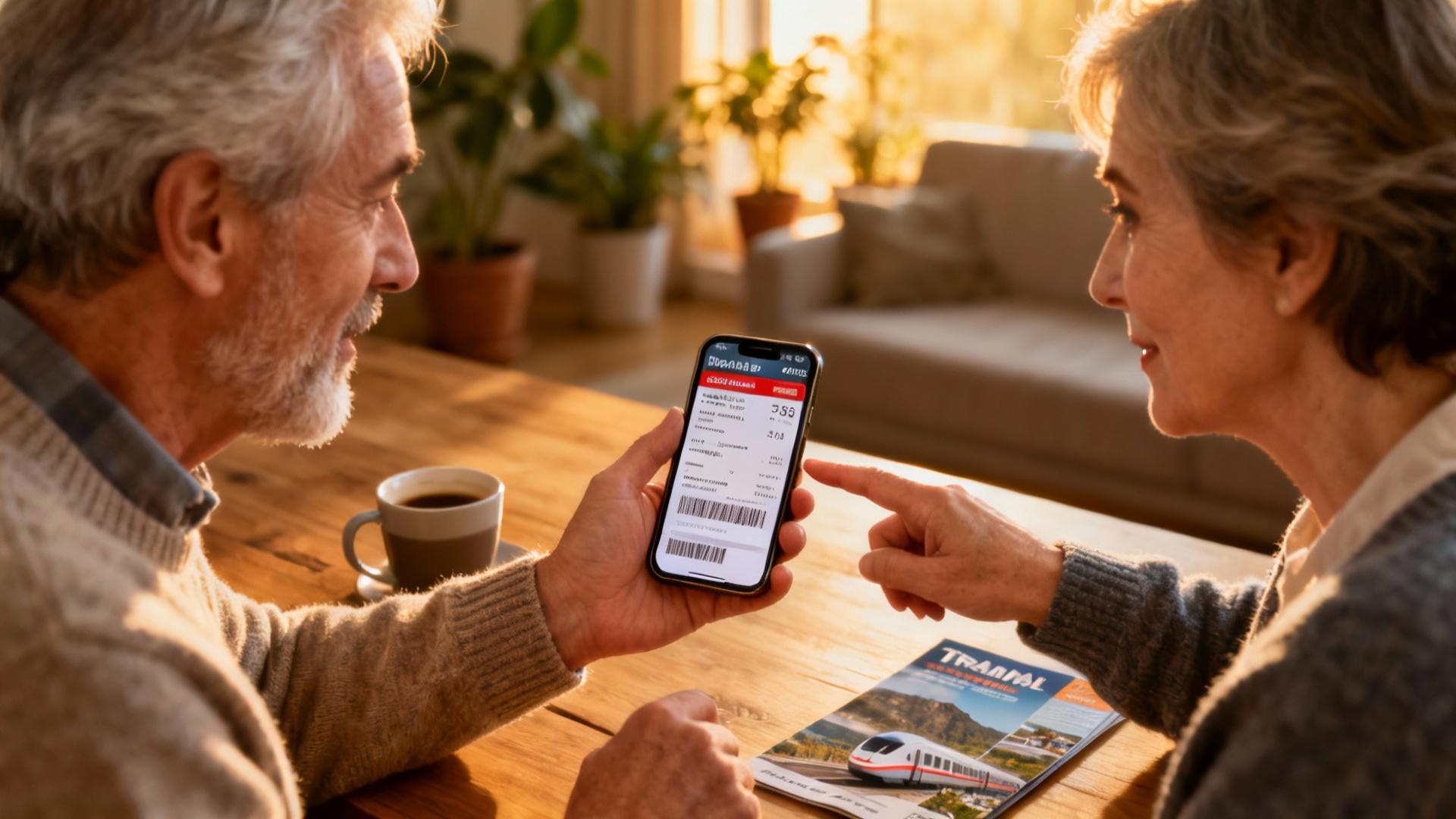 Couple âgé discutant des options de voyage en regardant des billets de train sur un smartphone